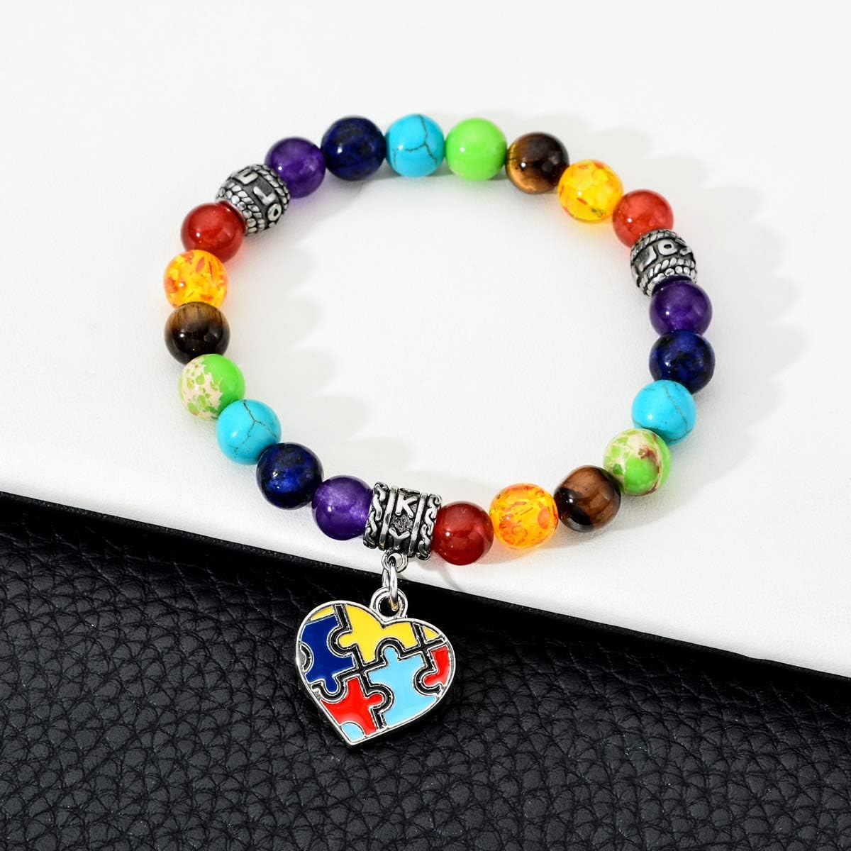 Autism Awareness Bracelet with Colorful Heart Puzzle Piece 7 Chakra Gemstone Beaded Elastic Bracelet Autistic Gift - Image 2