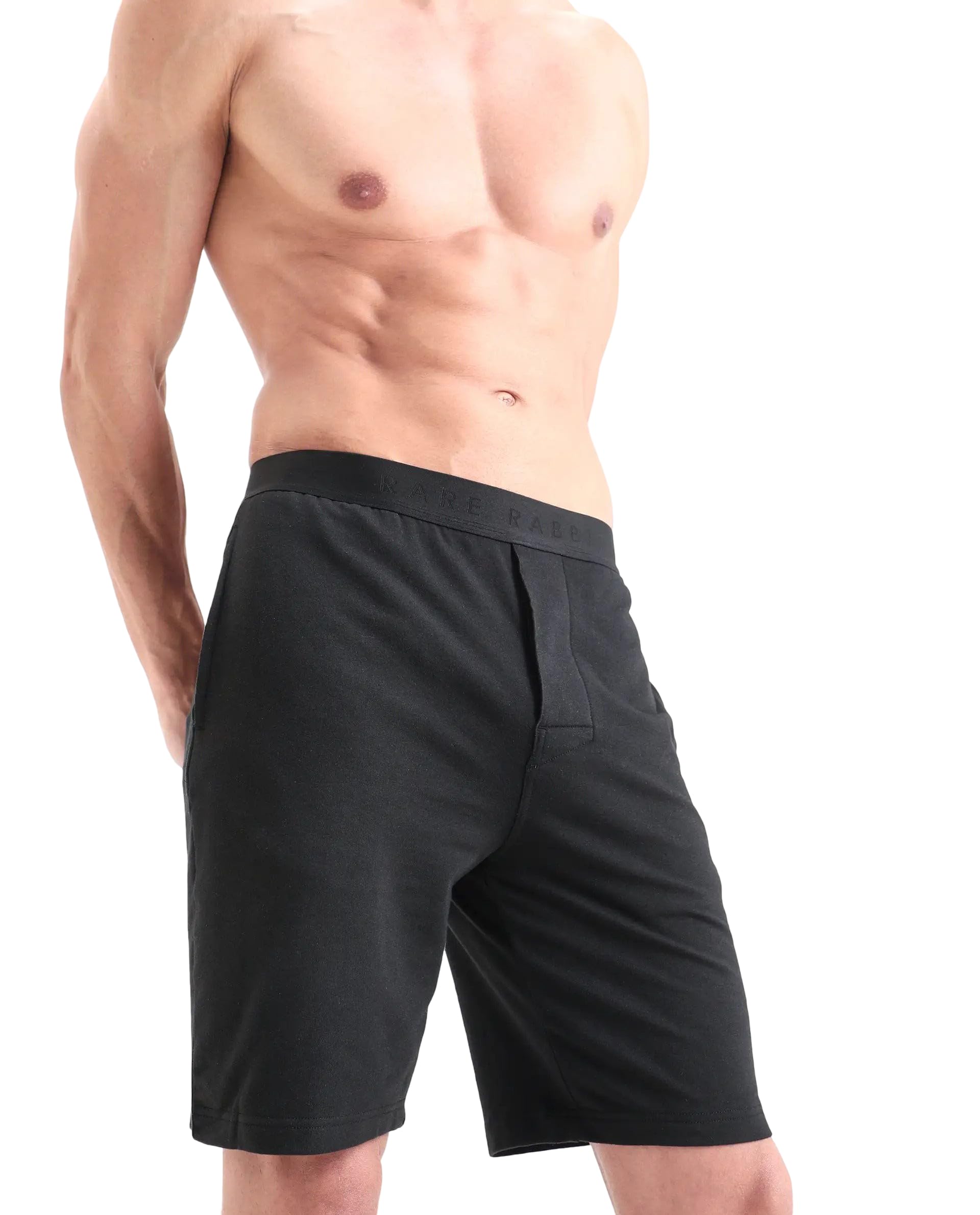 RARE RABBIT Men's Pont Black Cotton Blend Fabric Relaxed Fit Plain Stretchable Shorts-picture-11