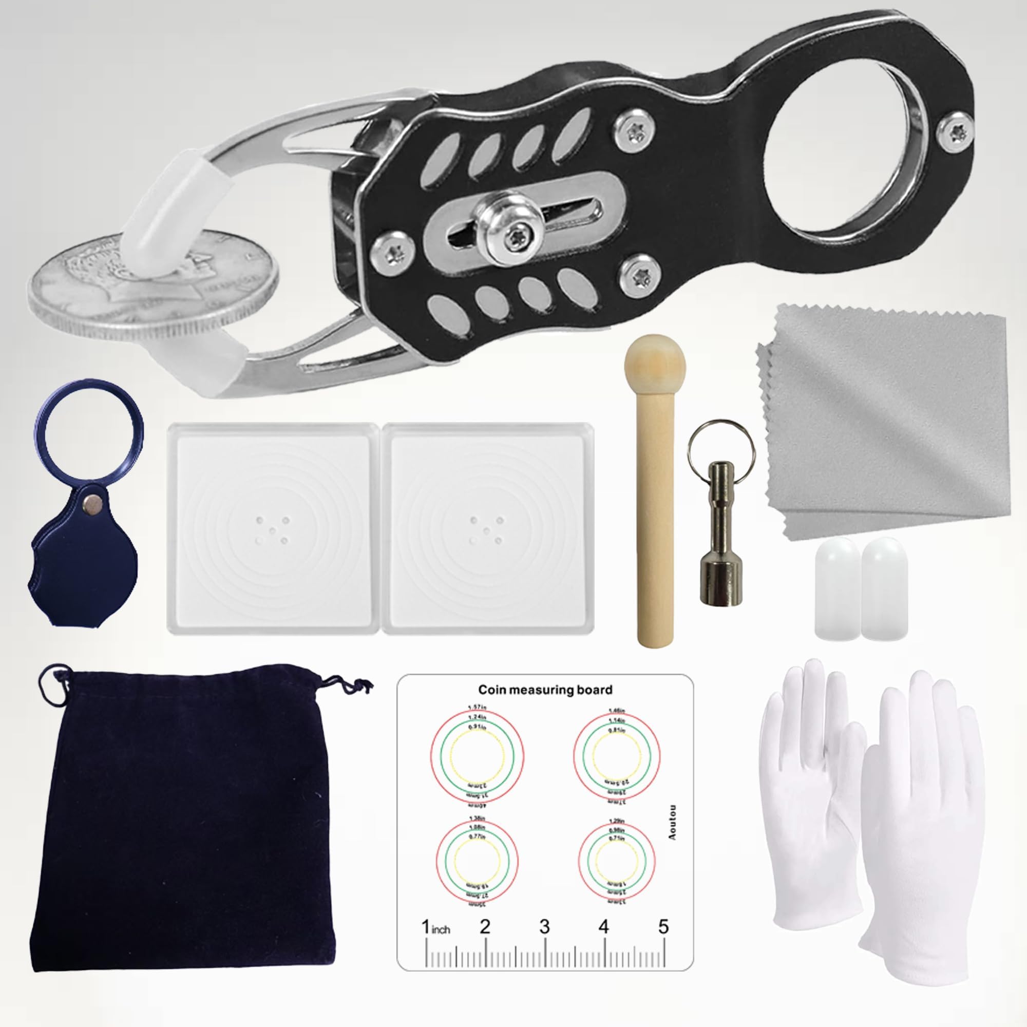 14PCS Coin Ping Test Kit, Silver Gold Test Kit Test Kit, Including Coin Clip, Wooden Hammer, Magnifying Glass, Magnetic Buckle, Coin Collection Box, Measuring pad, Gloves, etc