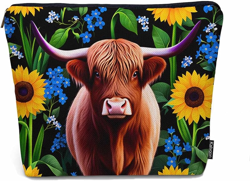Necessaire de maquiagem Kalygon Highland Cow com zíper, 23 x 18 x 0,5 cm, 1 unidade