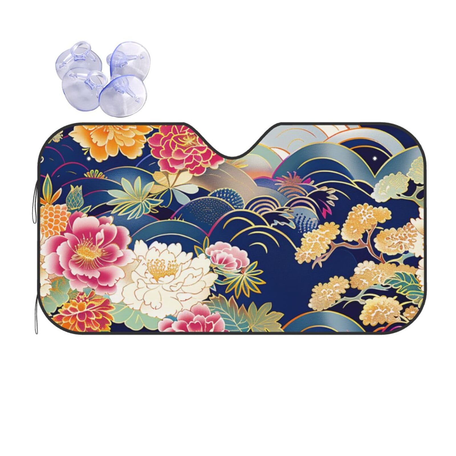 HSYOYO Japanese Flowers Leaves Wave Windshield Sun Shade for Car Trucks SUV Retractable Front Window Sun Visor Foldable Sunshade Protector for Car