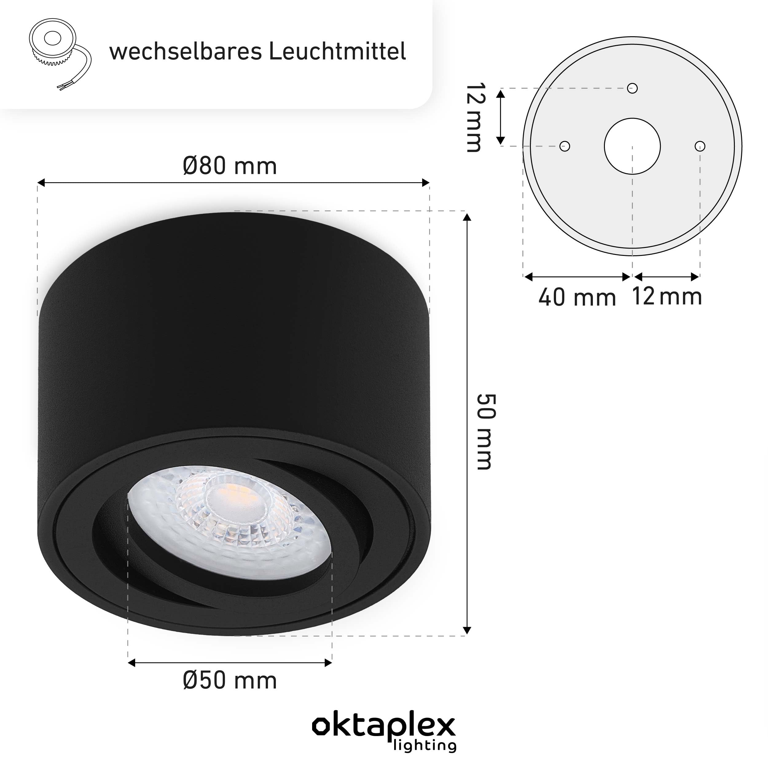 Oktaplex Lile - Foco empotrable (6 unidades, módulo LED, intensidad regulable, 4,9 W), color negro | 230 V, 2700 K, luz blanca cálida, 80 x 50 mm, de aluminio, orientable