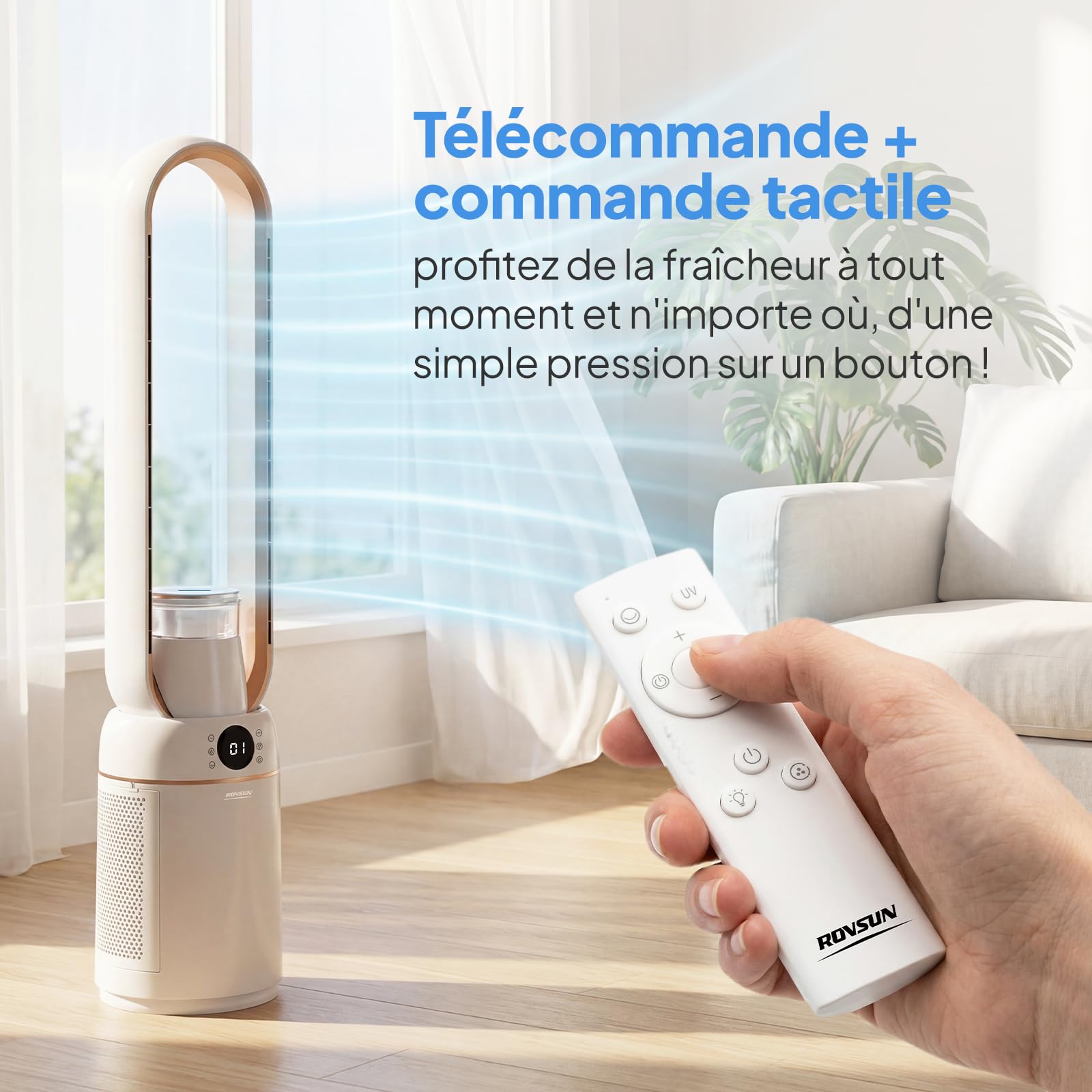 ROVSUN Ventilateur Colonne Purificateur d'Air, Ventilateur Sans Pales 110 cm, Humidification, Ions Négatifs, Stérilisation UV, 32 Vitesses, 4 Modes, 15H Minuteur, Oscillation 80°, Tactile+Télécommande