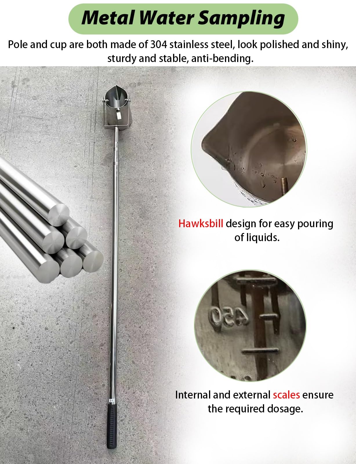 Teleskopstange Wasserprobenehmer Teleskop-Wasserprobenehmer mit Edelstahlstab, 500/1000-ml-Pendelbecher-Wasserprobenahme-Set, Metall-Probenehmer mit Messlöffel und Schöpfkelle(1000ml,1.17-4m/3.8-13.1f