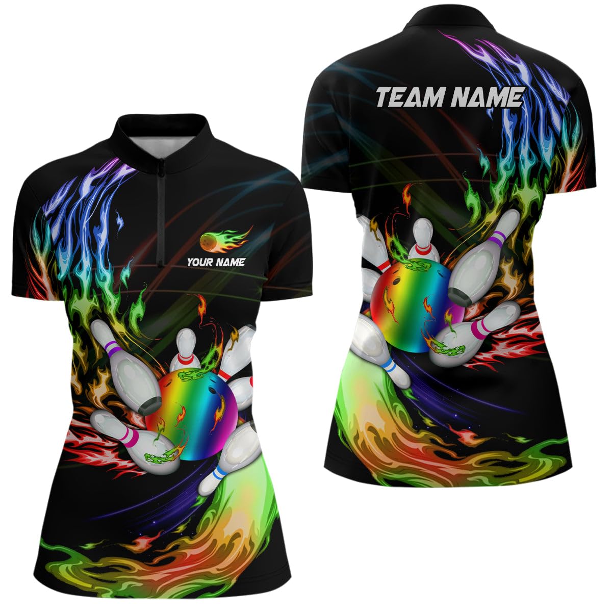Herren & Damen Polo & Quater Zip Bowling Shirt mit Regenbogenflamme, Bowlingkugel und Pins, Custom Team-Liga-Trikot N6807