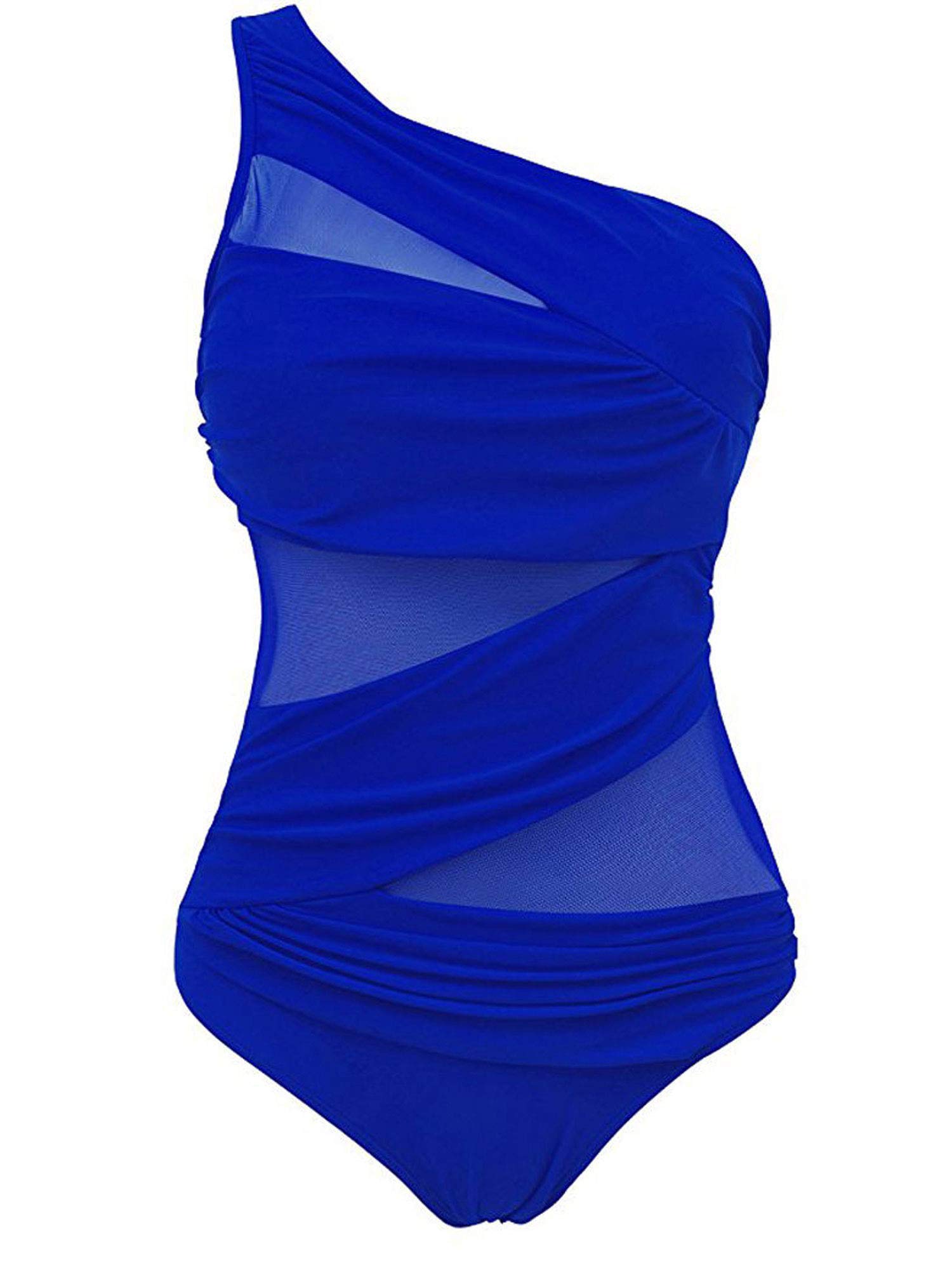 CHOSERL Women´s One Shoulder Swimwear Monokini Swimsuit See Through Mesh Bikinis One Piece Swimming Costume (Navy Blue, XXXXL)