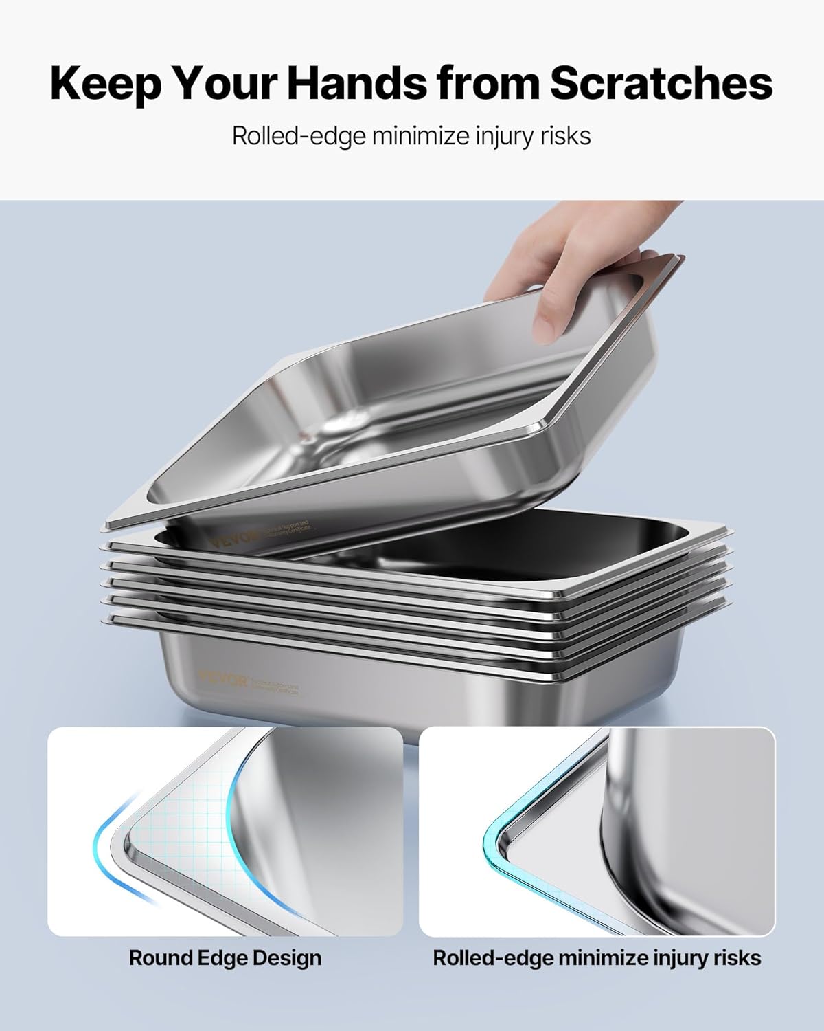 VEVOR 4 Pack Stainless Steam Hotel Pan, 1/2 Size Table Steam Pan, 2.5 Inch Deep Anti Jam Restaurant Supplies Reusable Rustproof Catering Storage for Home, Party, Restaurant, Hotel, Buffet - Image 5