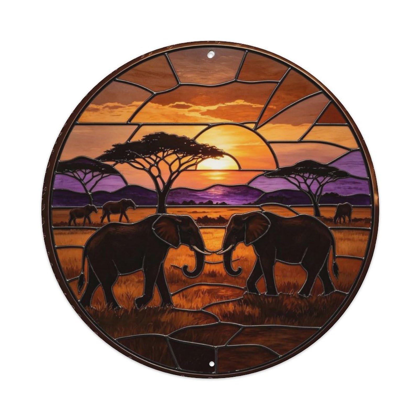 African Elephant Savannah Sunset Stained Glass - 副本 Metal Tin Sign Plaque