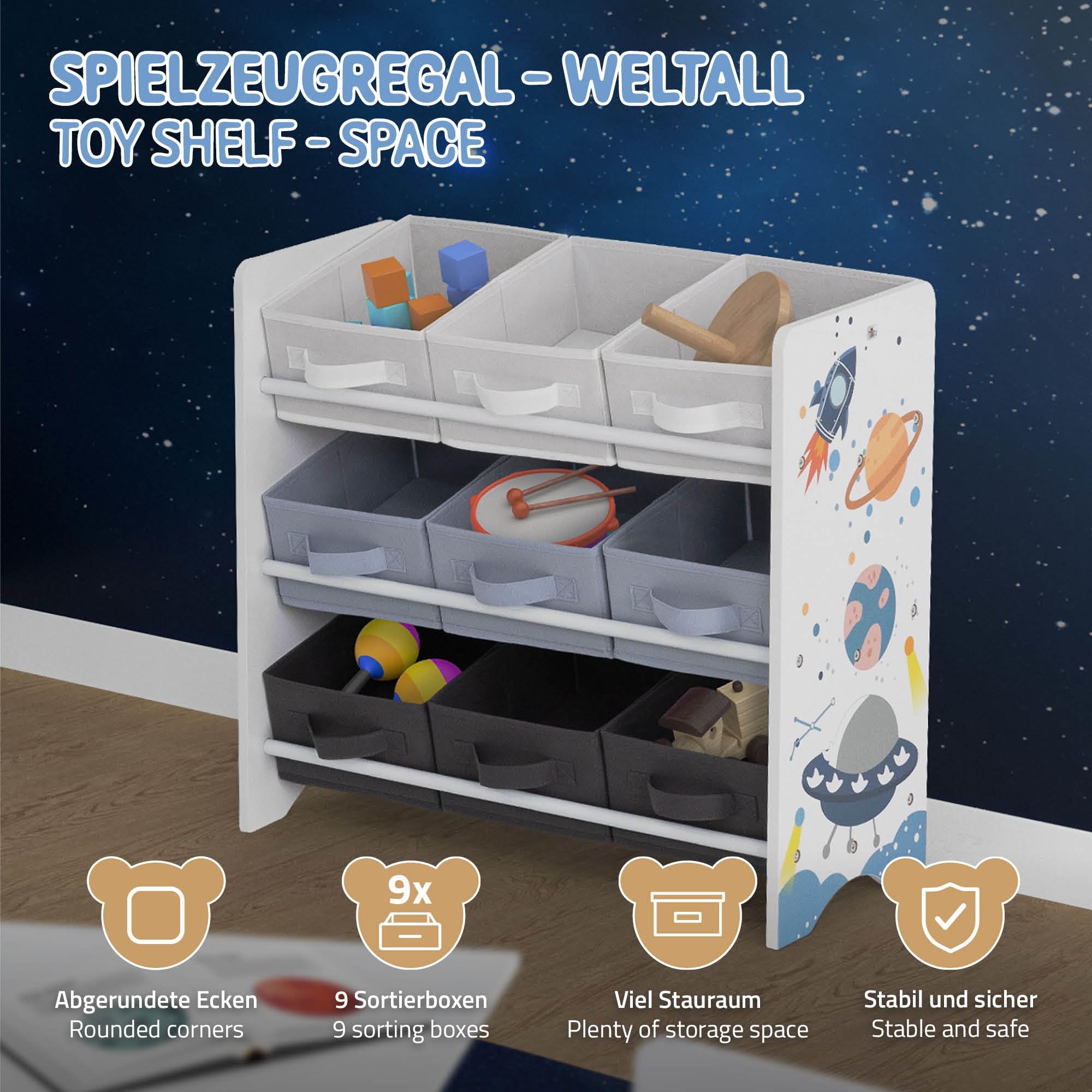 Joyz Libreria per Bambini 62,5 x 29,5 x 60 cm Scaffale con 3 Ripiani Organizzatore per Giocatoli con 9 Scatole in Tessuto Mobiletto per la Stanzina dei Bambini Design con Tematica Spaziale