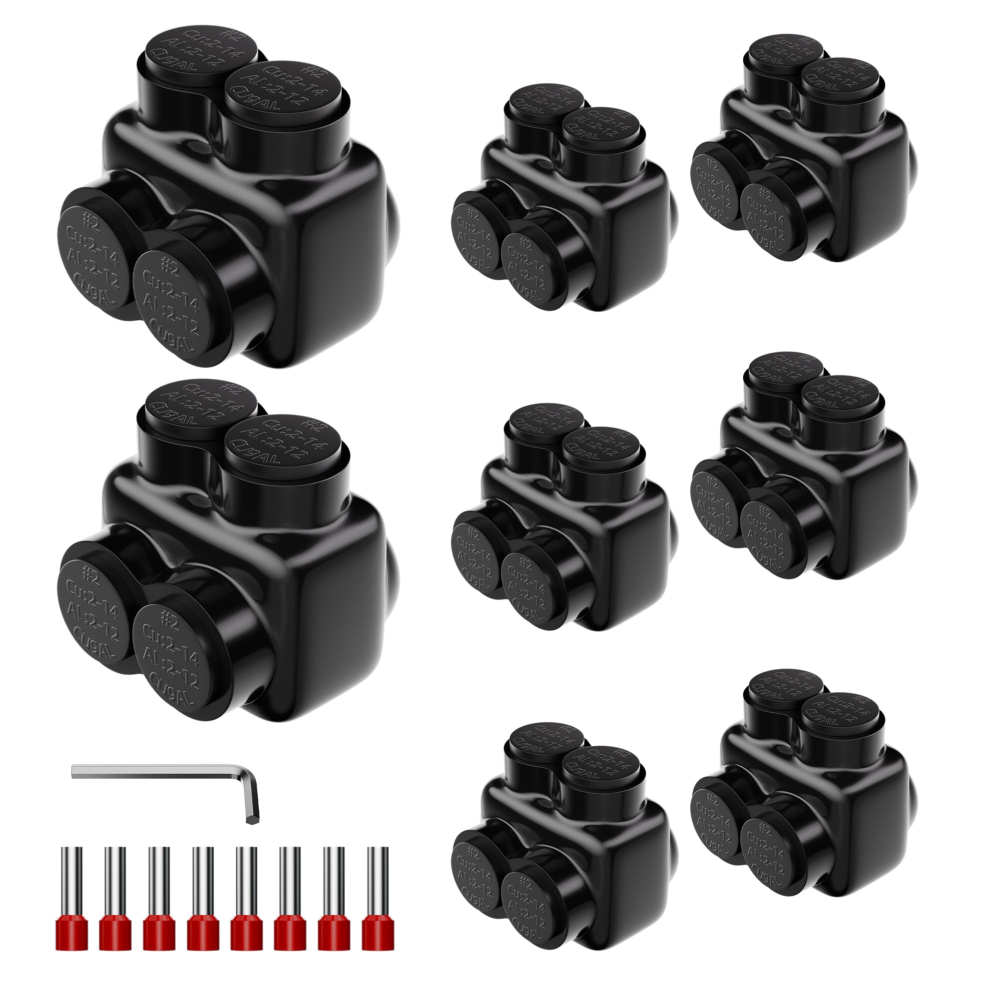 Photo 1 of DaierTek Insulated Splice Connector 2-14 AWG, 2 Port Inline Wire Connectors, Aluminum to Copper Multitap Connector with Wire Ferrules & Hex Key, Single-Sided Entry, 8 Pack