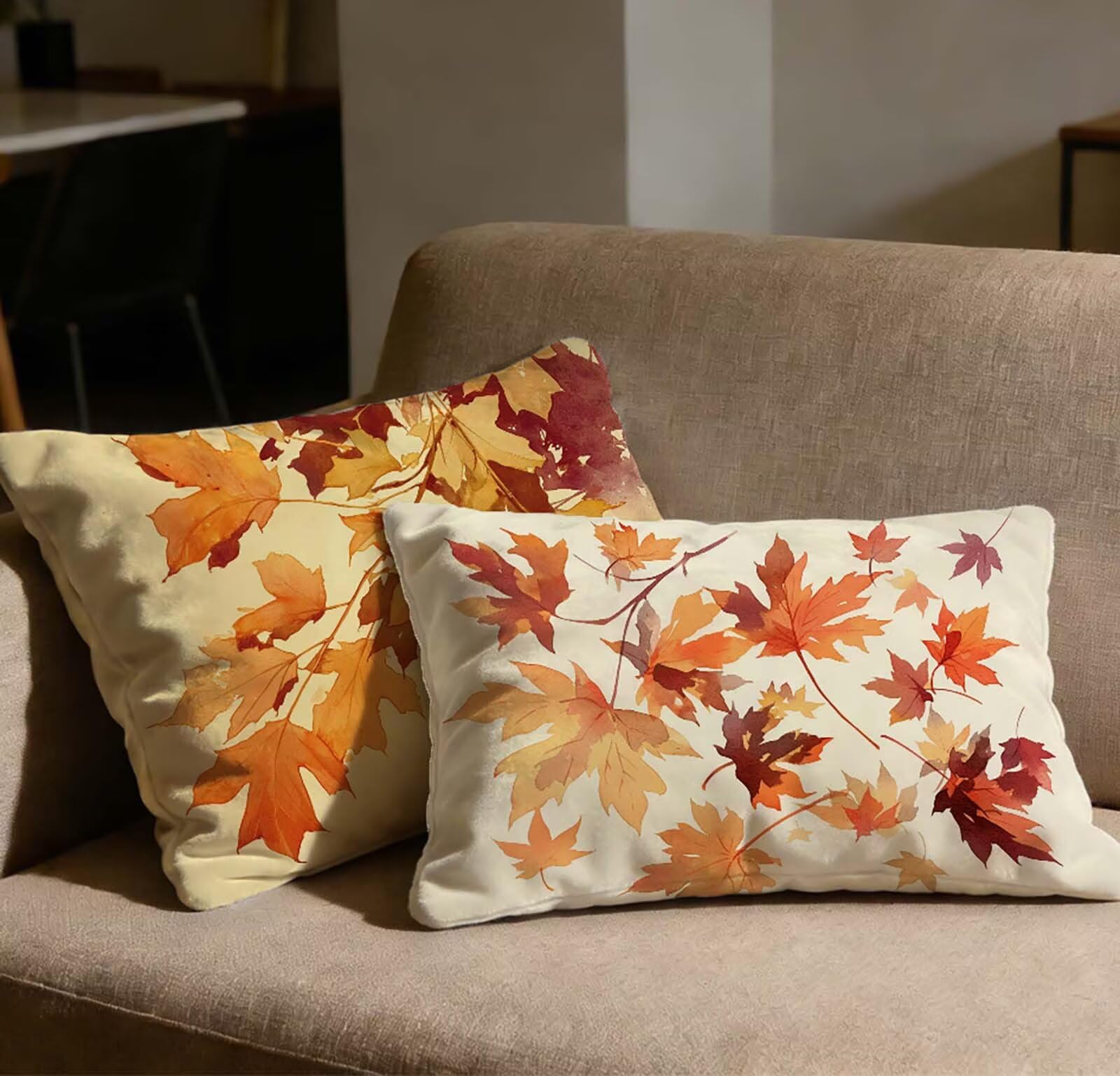 Taie d'oreiller 40x80 orange en velours : lot de 2 housses à motif feuille et zip invisible