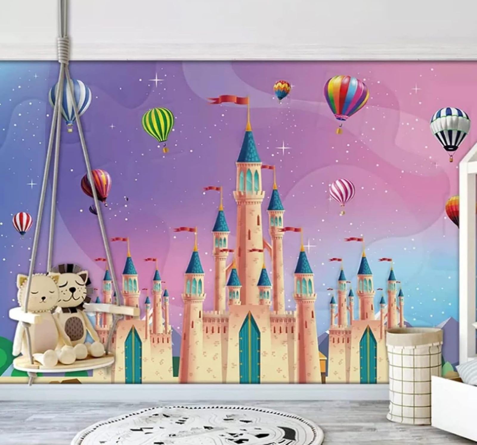 Cartoon Beautiful Dreamlike Castle Hot Air Balloon 3D Wallpaper Easy Install Feature Office Living Room Sofa Bedroom TV Background Wall Decoration-150cm×105cm