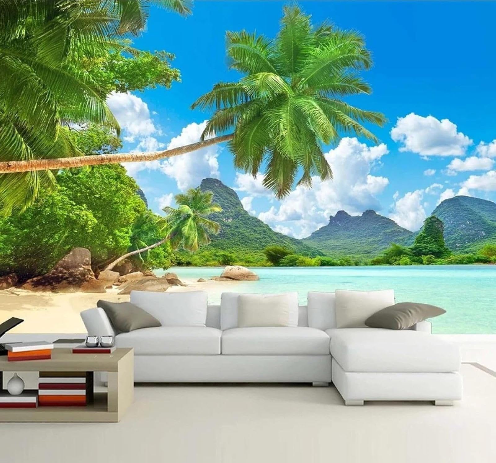 Tzxztt 300Cm×210Cm(B×H) Fresh Beautiful Seaside View Coconut Trees Scenery Modern 3D Wallpaper Premium Textured Silk Neutral Tones Material Ideal For Living Room Bedroom-300Cm×210Cm