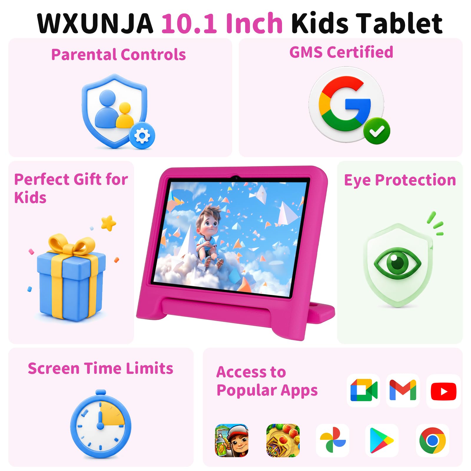 Tablet Android 14 per bambini, tablet da 10,1 pollici aggiornati 2025 con processore Octa-core, batteria da 6000 mAh, spazio per bambini, controllo parentale, app per bambini precaricate, doppio WiFi