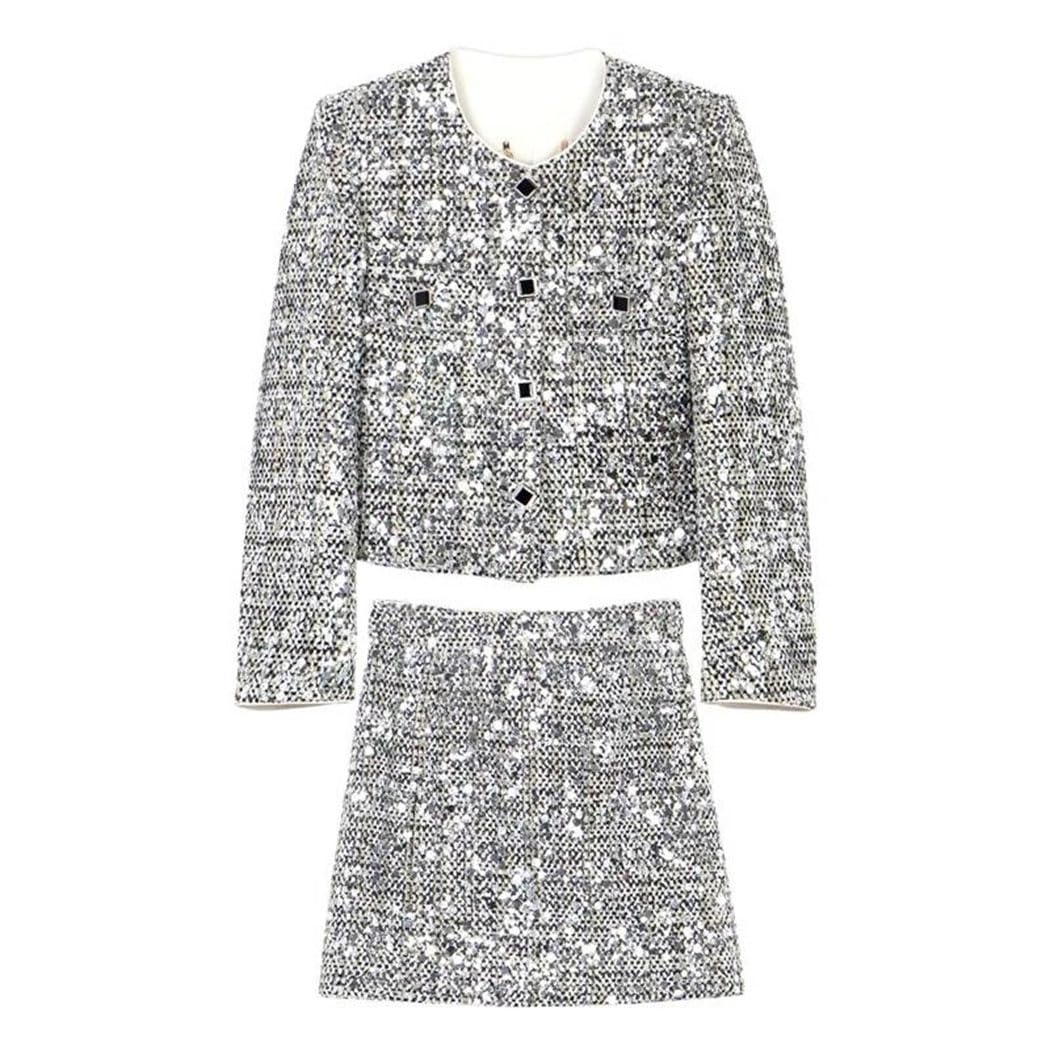 Women Tweed Sequin Jacket and Skirt Set Luxury French Style Elegant Two Piece Party Outfit
