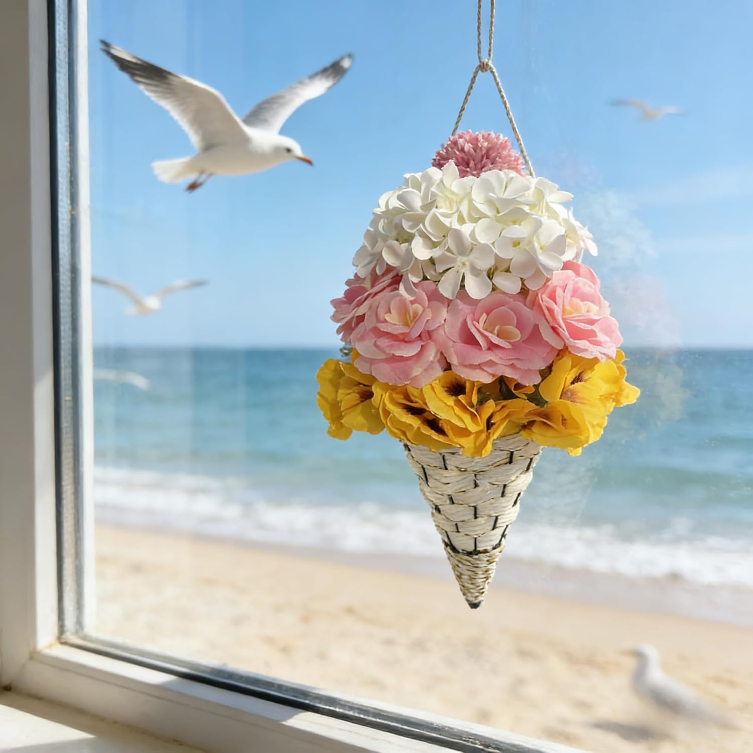 Ice Cream Cone Wreath for Front Door – Artificial Pansy, Rose, Hydrangea & Dahlia Floral Cone Decor – Rustic Summer Hanging Flower Basket for Porch – UV Resistant Pink Yellow White