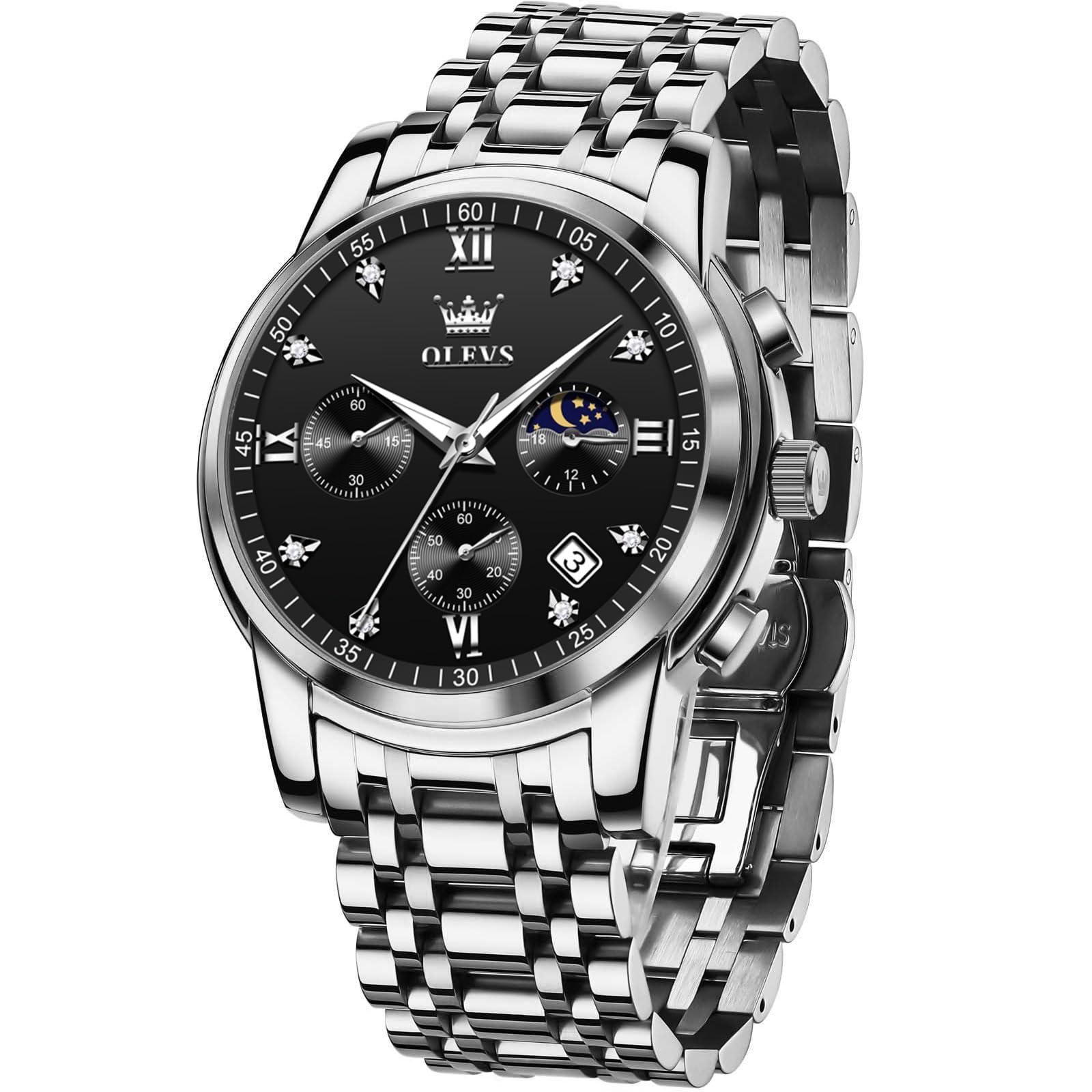 OLEVS Edelstahl Herrenuhren Chronograph Modern Quarz Analog Armbanduhr Herren mit Datum Diamant Leuchtende Uhren Herren Metallarmband Geschenke für Männer
