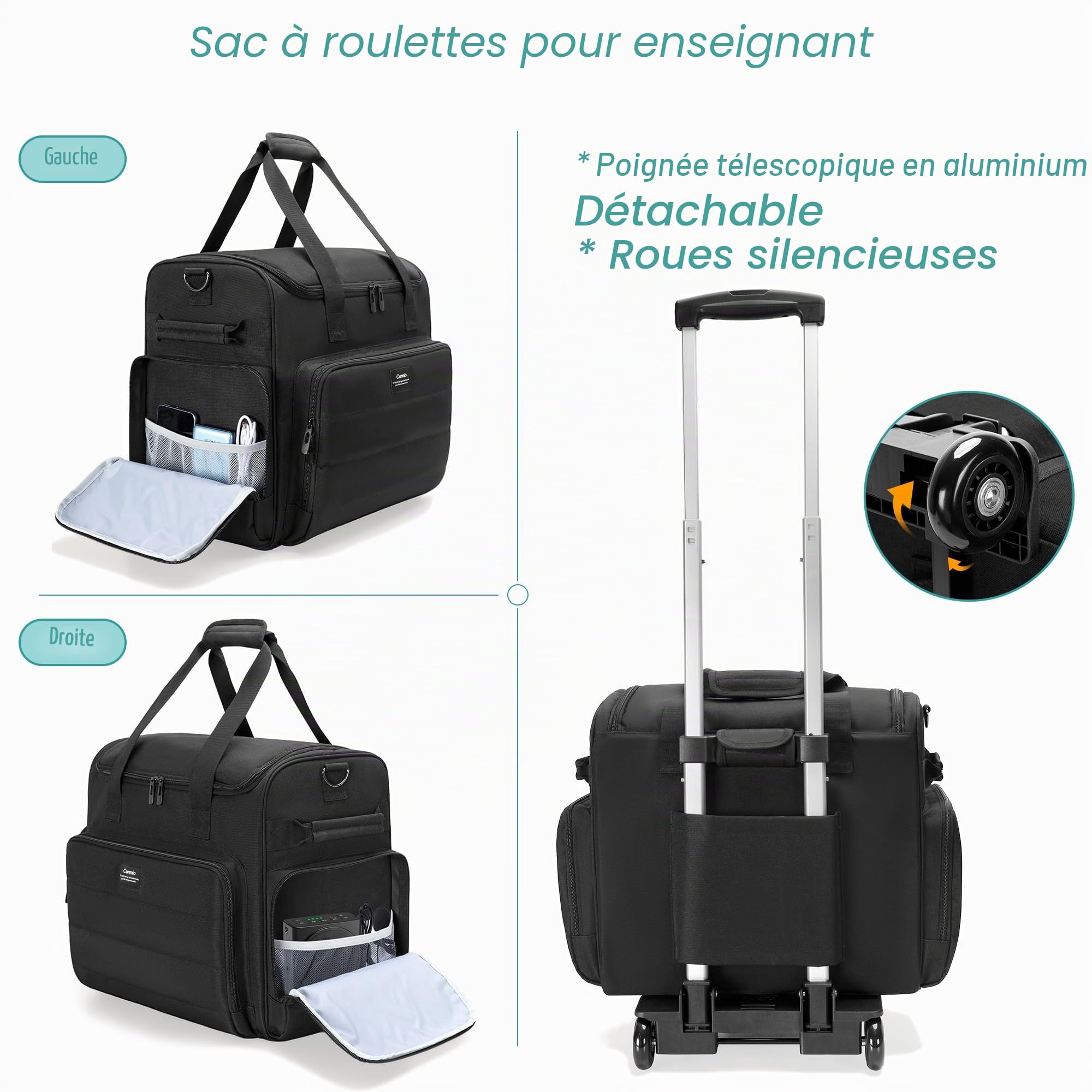 CURMIO Sac de Travail pour Enseignant, Mallettes à Roulette pour Professeur Adapté Aux Ordinateurs Portables de 15,6", Noir (Design Breveté)