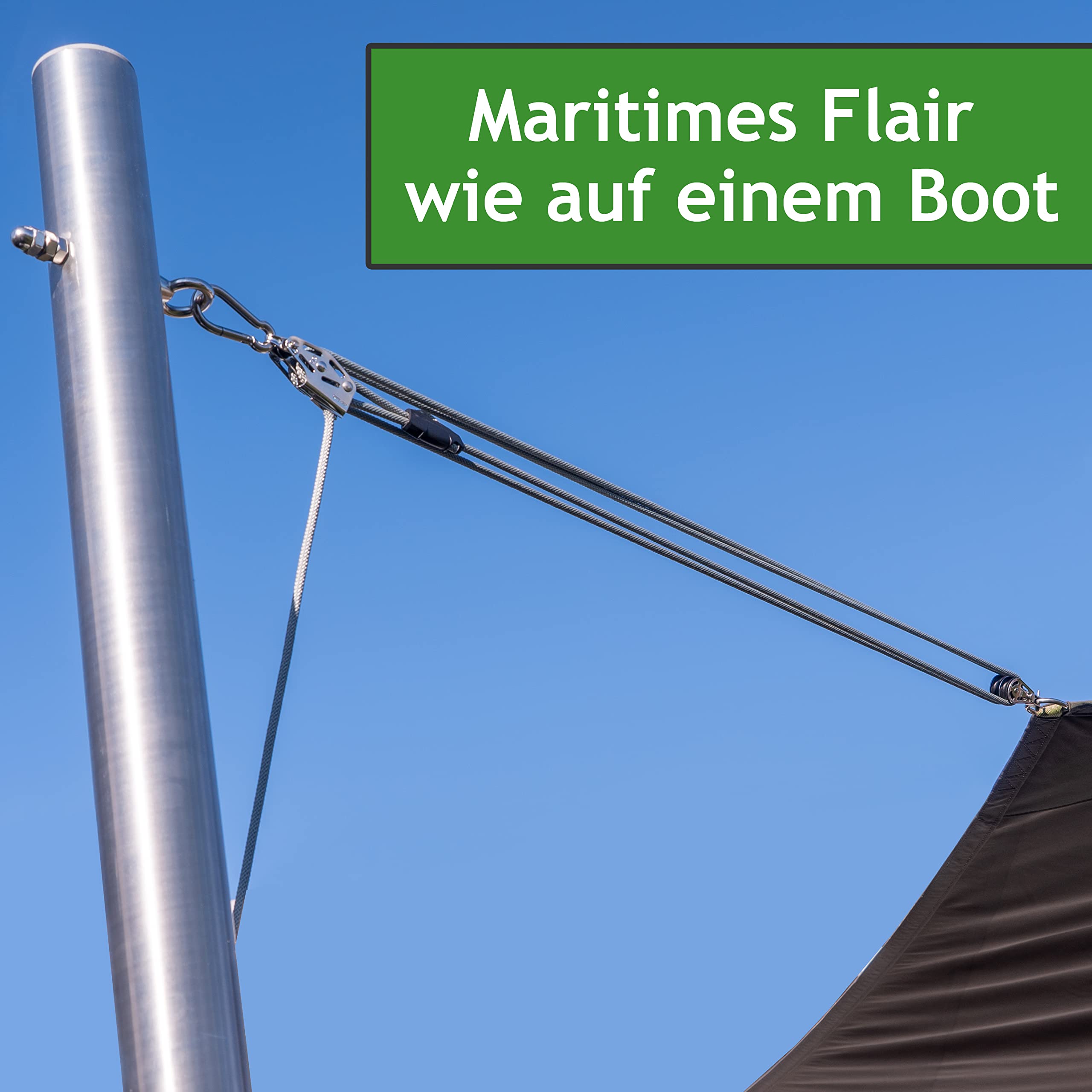 Sonnensegel Stange aus V2A Edelstahl mit 3-Punkt Höhenverstellung inkl. Zubehör - 4-Fach Flaschenzug-Set zur Segel Befestigung | für sehr große Segel (3,5m, Ohne Bodenhülse)