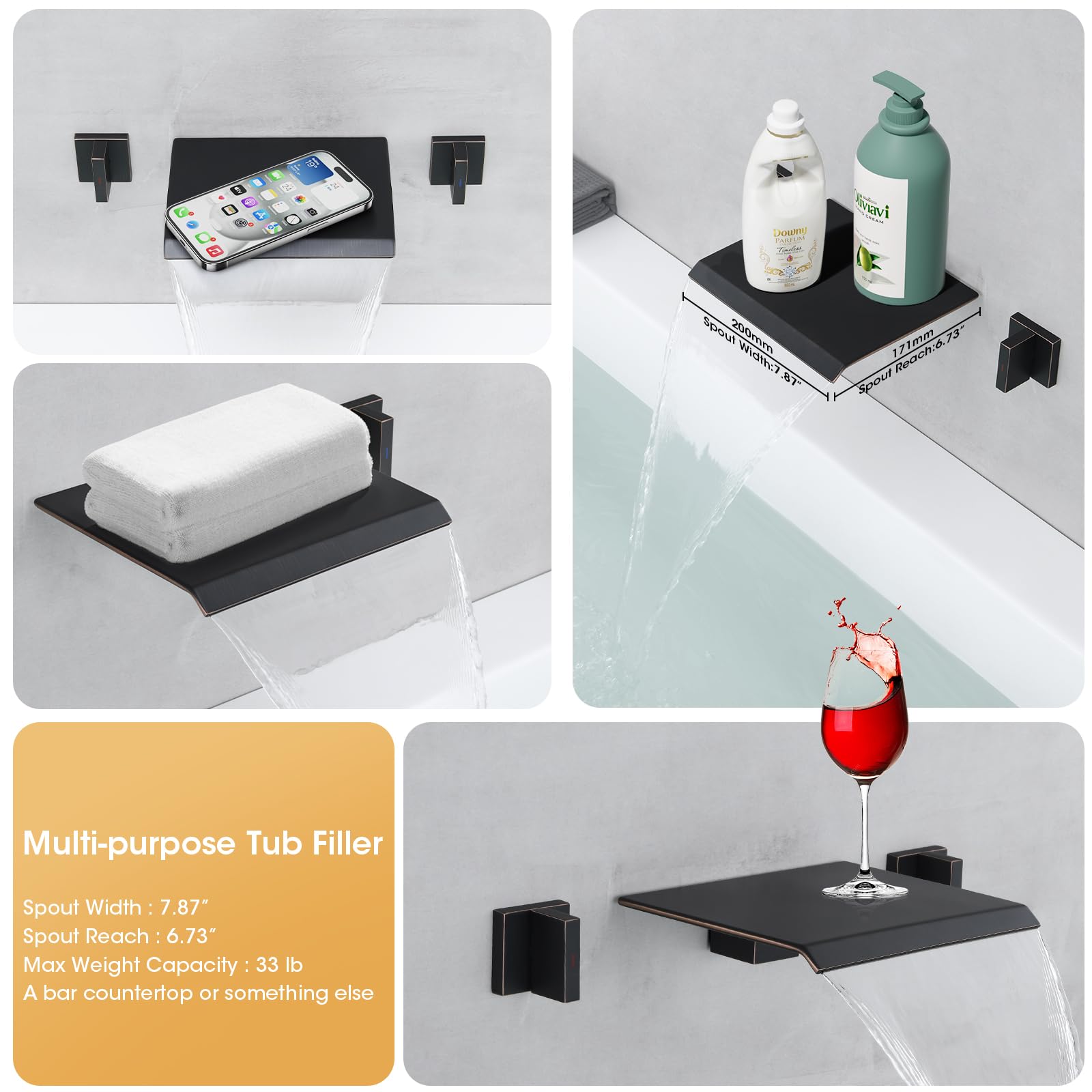 Wandmontage Badewannen Wasserfall-Armatur Schwarz – 2-Griff Hoher Durchfluss, Messing