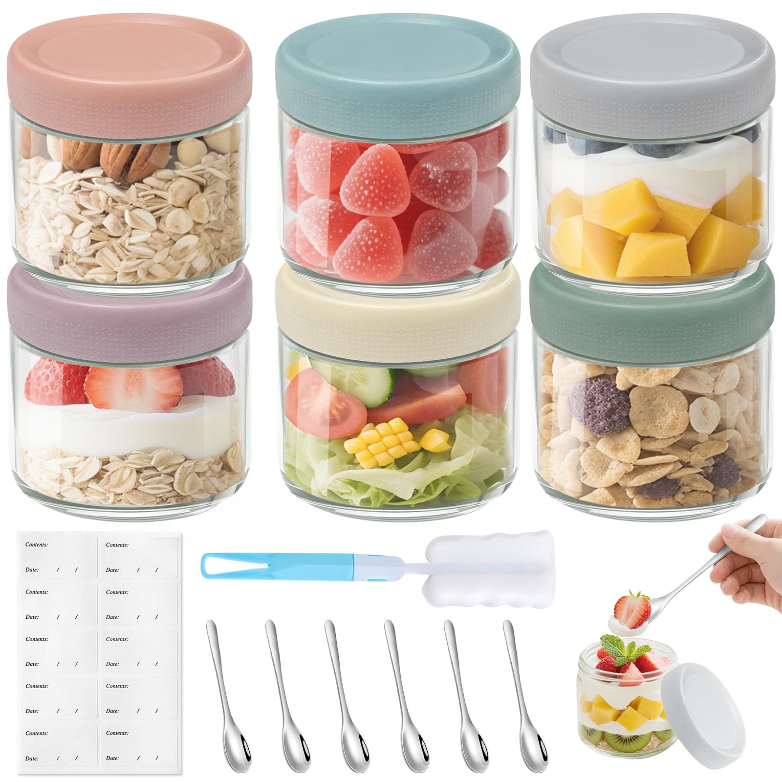 Mssushi 6 Pcs Overnight Oats Jars 350ML/12OZ, 6 Colors Glass Jars with Spoons, Overnight Oats Container with Airtight Screw lids Leakproof for Homemade Yogurt Cereals Milk Fruit Salad Jam Pudding