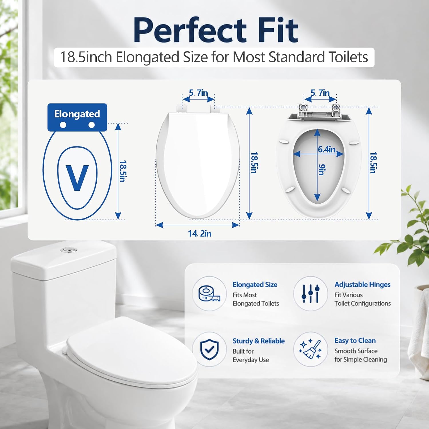 Elongated Toilet Seat 18.5 Inch | Soft Close Toilet Seat, Durable PP Plastic, Easy Installation, Easy Clean, Fits Most Standard Elongated Toilets, White