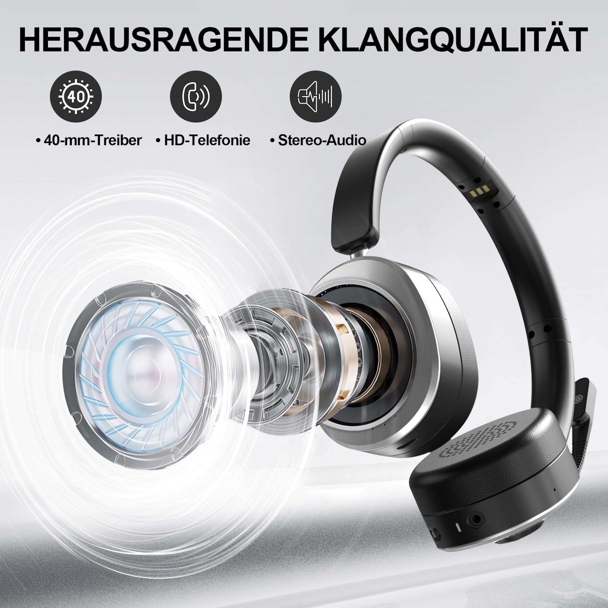 Wantek Bluetooth Headset mit Mikrofon,Kabelloses Headset mit USB-Dongle & Ladestation,Noise Cancelling Mikrofon,55 Std.Akku,Stummschalttaste,Büro Headset für PC Laptop,Handy,Home Office,Teams Zoom