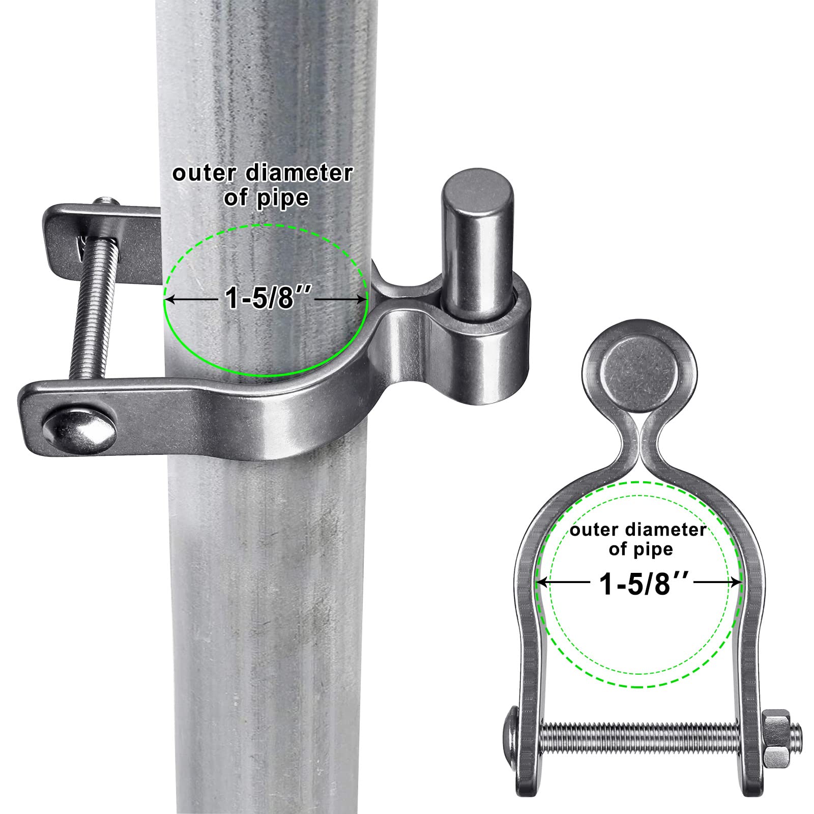Insaga Bisagra de puerta de acero inoxidable 304, bisagras de puerta resistentes, bisagras de puerta macho de 1-5/8 pulgadas para postes de diámetro exterior de 1-5/8 pulgadas, 2 unidades