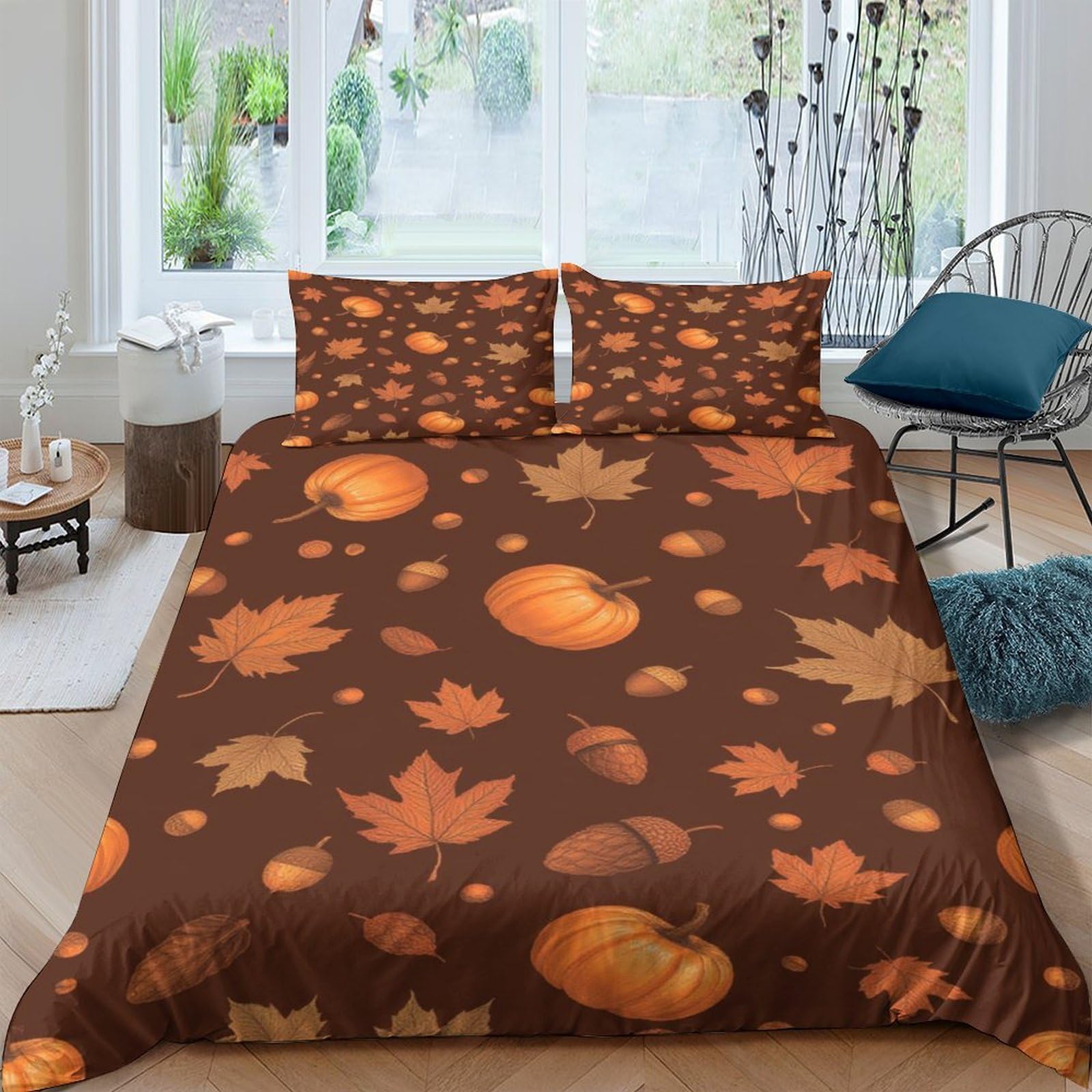 Ctjqhvkz Style-2 3D Printed Pumpkin Maple Leaf Fitted Sheet Microfiber Autumn Brown Bed Cover Non-Slip Washable For Bedroom Home Single（135X200cm）