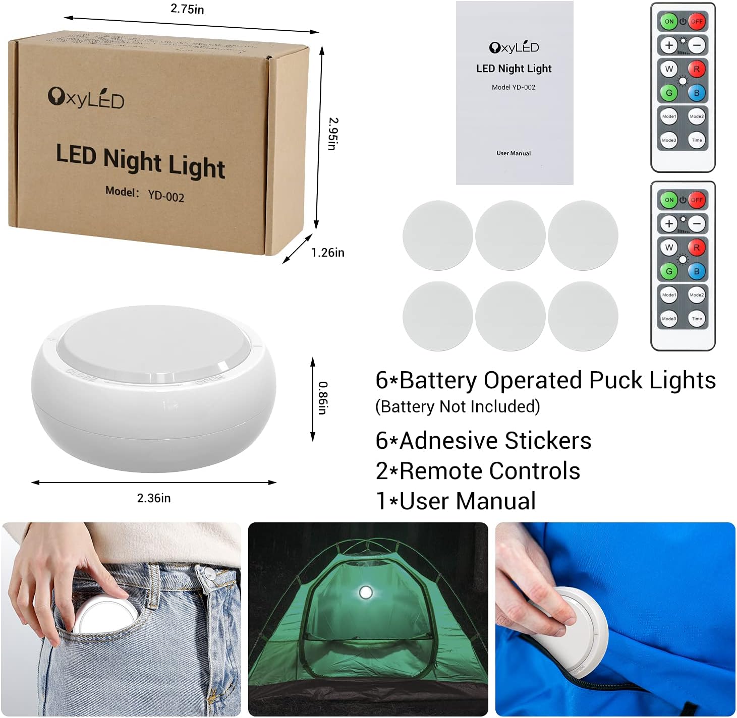 Puck Lights with Remote, OxyLED Wireless Color Changing LED Cabinet Lights with Timing, Battery Powered Tap Lights, Dimmable Closet Light, Night Light for Kids' Bedroom, Wardrobe, Kitchen (6 Pack)