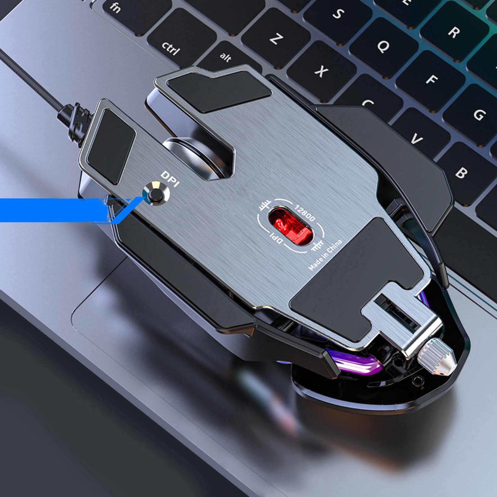 Ratón de Juego, 12800 Ppp Ajuste Retráctil Iluminación Refrigerada por Agua RGB Ratón con Cable Rodillos Galvanizados Base de Metal Cepillado. Ratones para Juegos de PC con Clave de Ciclo Base DPI