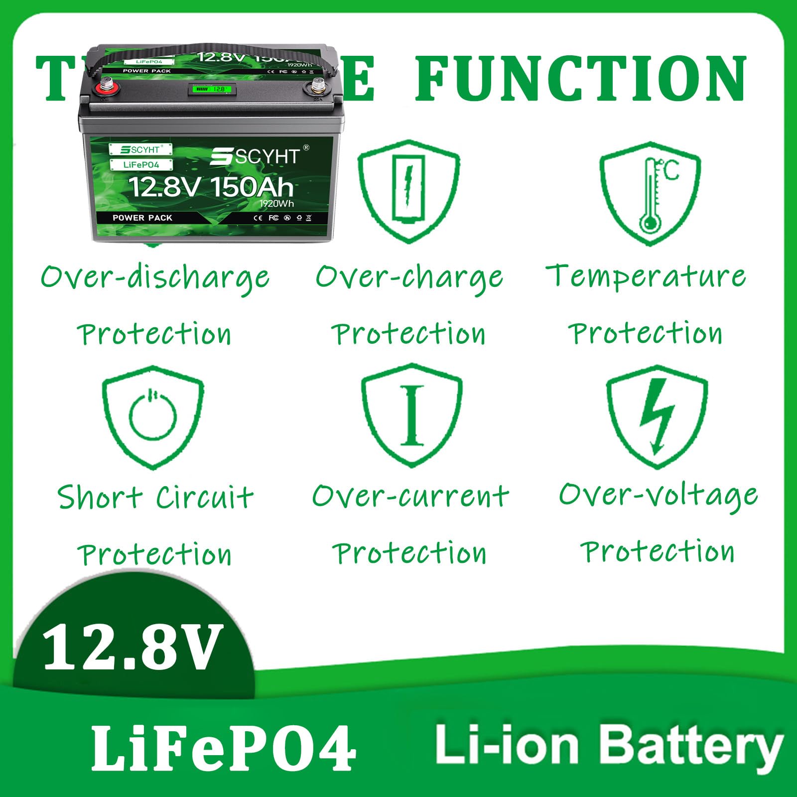 Batería repuesto 12,8 V Batería litio 150 Ah Baterías de iones de litio 12,8 V y 150 Ah Baterías LiFePO4 para energía solar para motores 250 W a 2000 W con BMS y pantalla