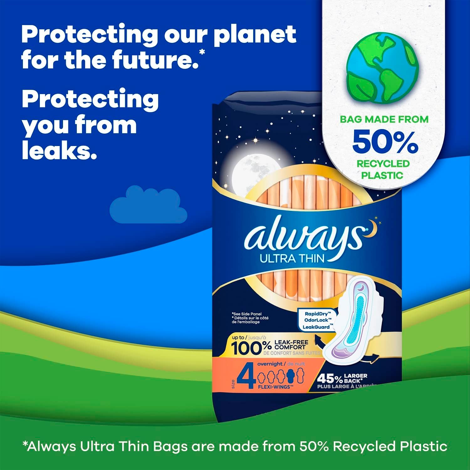 Always Ultra Thin Overnight Pads with Wings, Size 4, Overnight, 96 Count : Health & Household