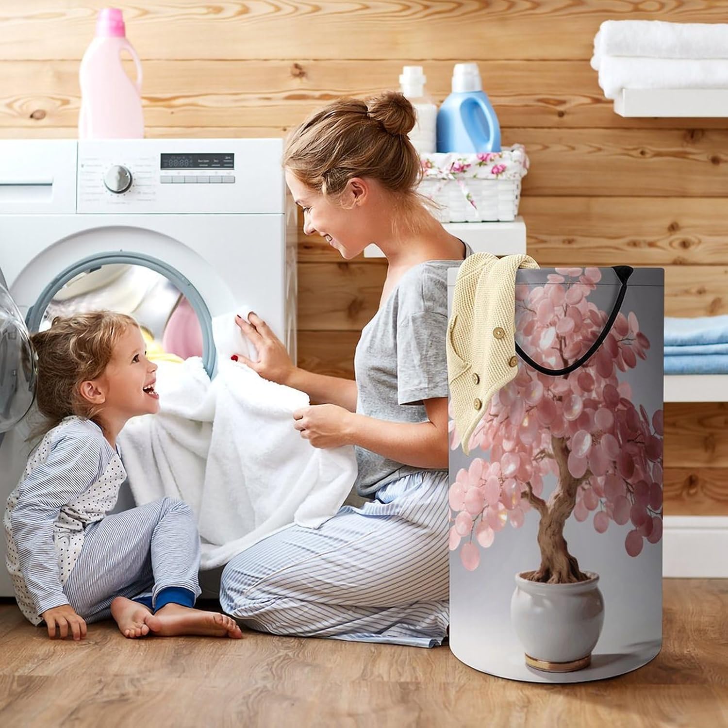 Pink Fortune Tree Laundry Hamper with Handles Waterproof Collapsible Laundry Basket Large Lightweight Round Dirty Clothes Hamper for Home Dorm Bathroom Decor