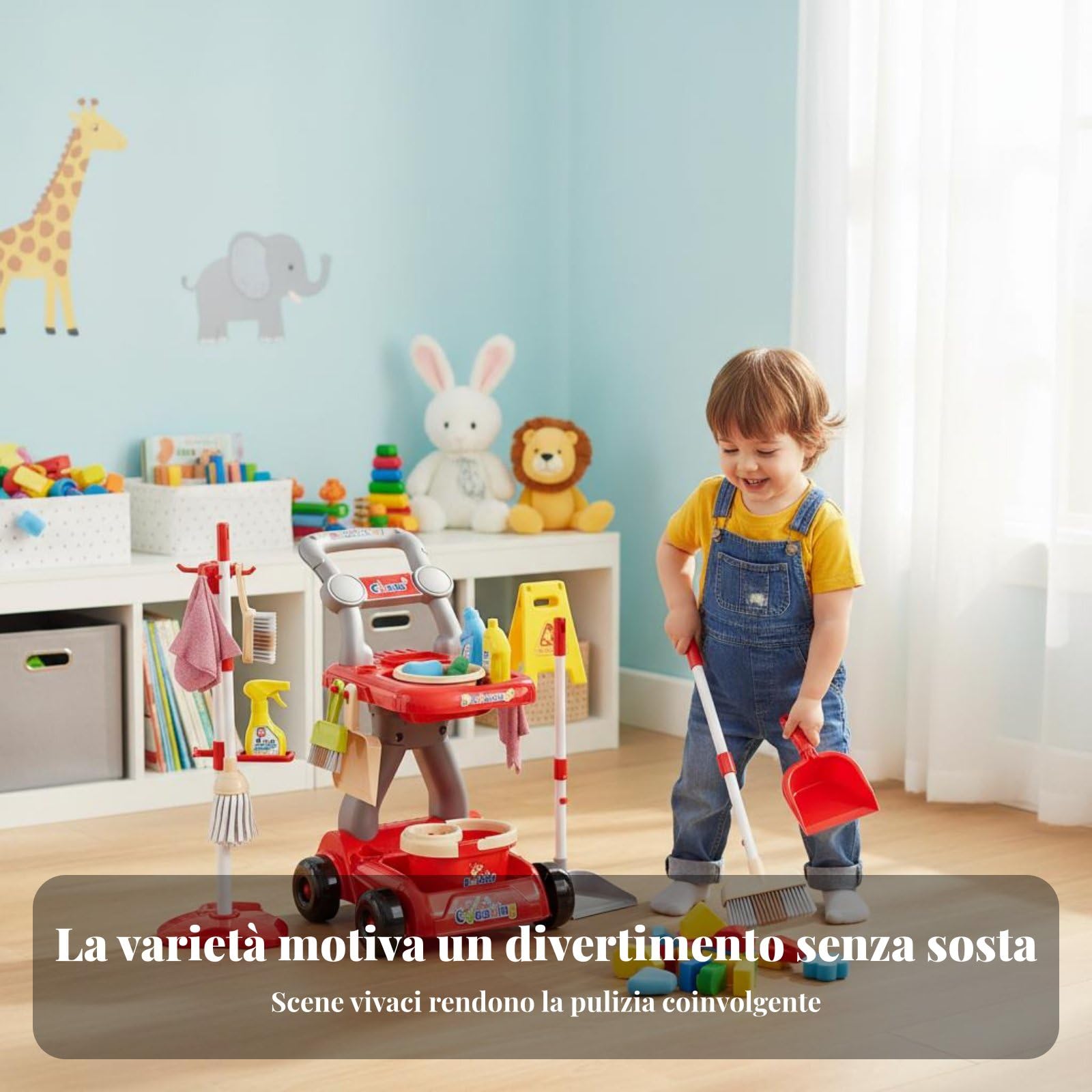 Children Cleaning Playset Set de Aseo Infantil Juguete Educativo Escoba Trapeador Recogedor Plástico con Base de Guardado Herramientas a Tamaño , Azul , SetTrolley18pzs