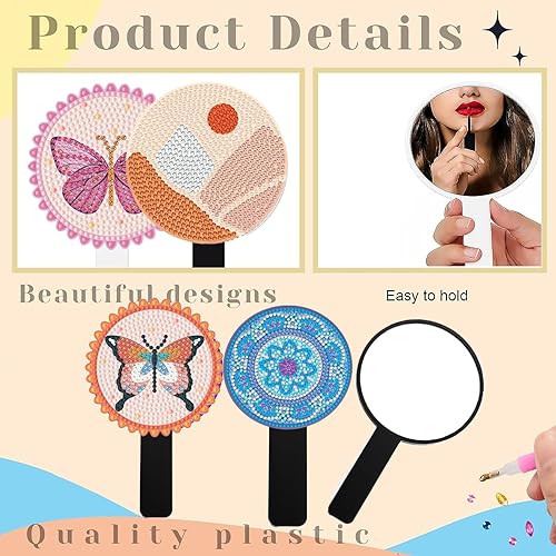 Miniatura 4 de Espejo de mano compacto para bricolaje, espejo de mano con pintura de diamante, espejo de mano grande negro con asa, kits de arte de puntos de