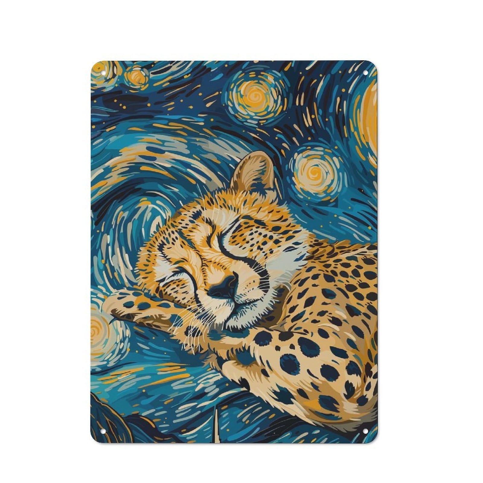 Junmoney Cheetah Sleeping In Starry Night Style Vintage Metal Wall Sign 40X30cm For Garage Or Workshop, For Metal Sign Collectors, For Garage And Workshop Walls