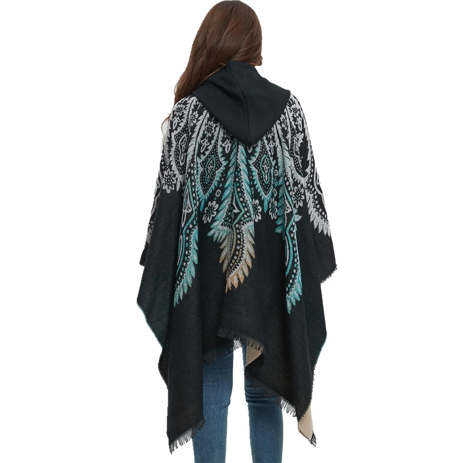 Scialle Donna Poncho Invernale da Viaggio, Caldo, con Cappuccio, Stile Etnico, con Scialle in Cashmere Imitazione Vento