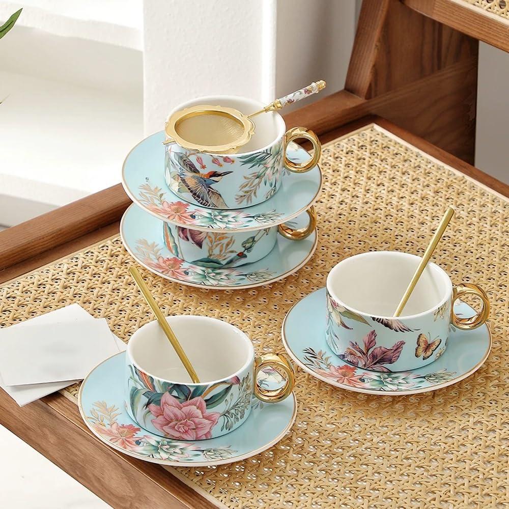 Tazas de café y tazas de café expreso, juego de 4 tazas de café y platillo apilables, juego de tazas de té de cerámica
