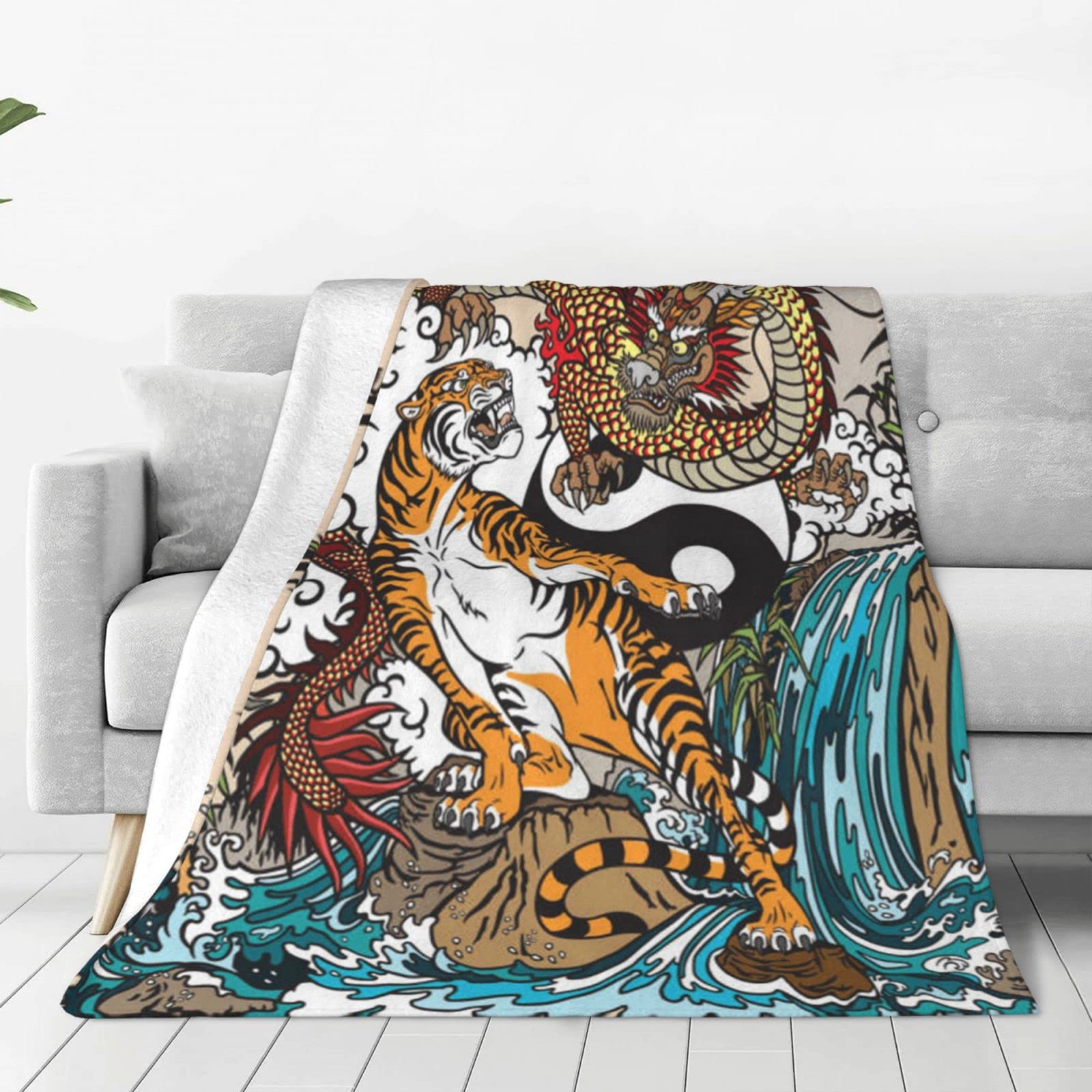 Couverture micro polaire lit et canapé avec motif dragon tigre