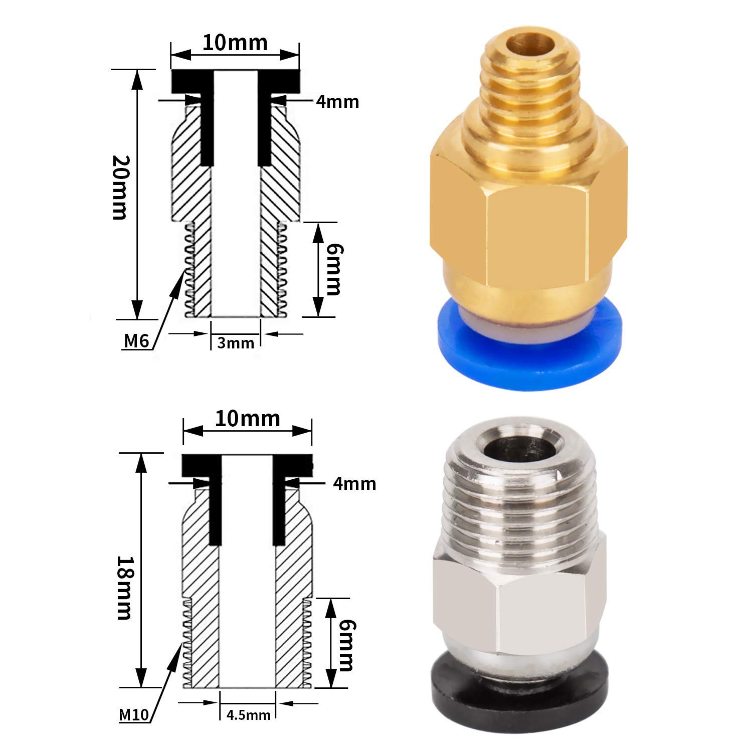 RUNCCI-YUN Tubo teflon PTFE 4 pezzi PTFE (4 metri) 6 pezzi Raccordo rapido in PC4-M6 6 pezzi Connettore pneumatico PC4-M10 dritto Push to Connect per filamento stampante 1.75mm 3D