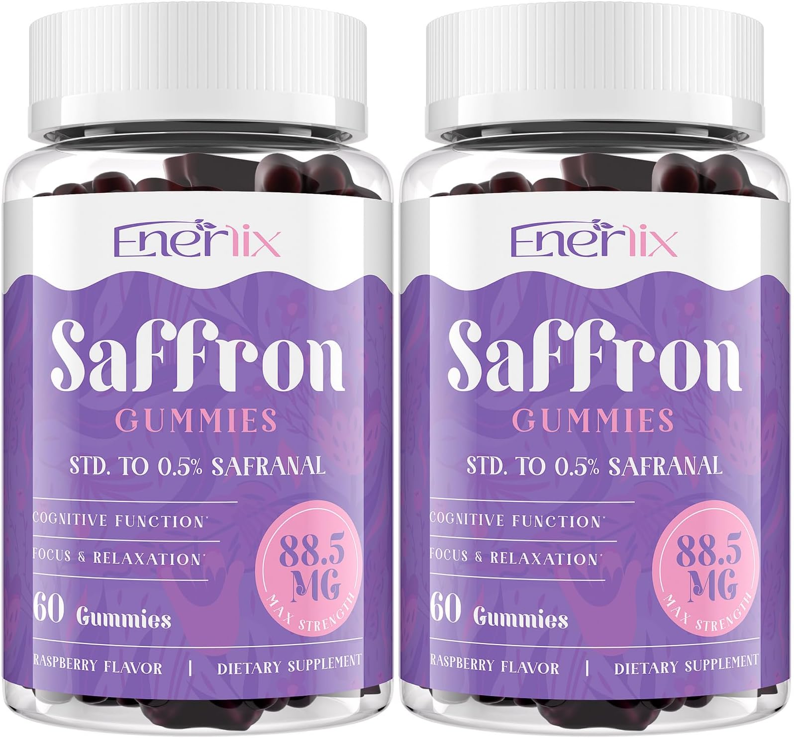 Enerlix Saffron Gummies 88.5 mg with Magnesium, Max Strength Saffron Supplements with St. John’s Wort, GABA, Rhodiola, Rosemary & Passion Flower Extracts for Mood, Focus - 120 Servings