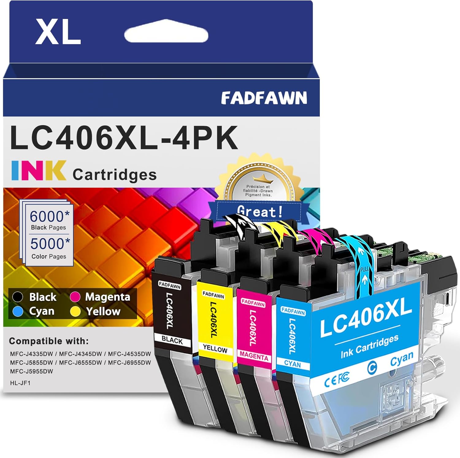 LC406 LC406XL Ink Cartridges Replacement for Brother Printer High Yield 4-Pack Set - Work for MFC-J6955DW MFC-J6555DW MFC-J5955DW MFC-J5855DW MFC-J4345DW MFC-J4535DW MFC-J4335DW (BK/C/M/Y)