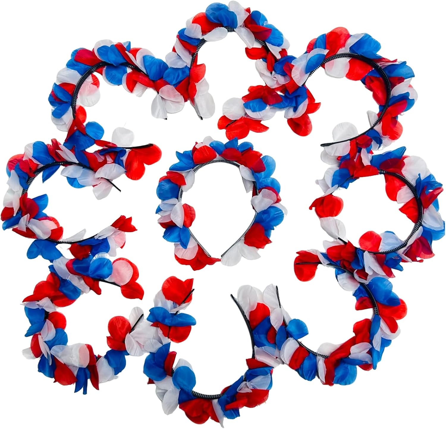 18 Pcs Patriotic Party Accessories 9 Pcs Red Blue White Flower Headbands And 9 Pcs Patriotic Hawaiian Leis Necklaces For 4th Of July Decoration, Independence Day Parade