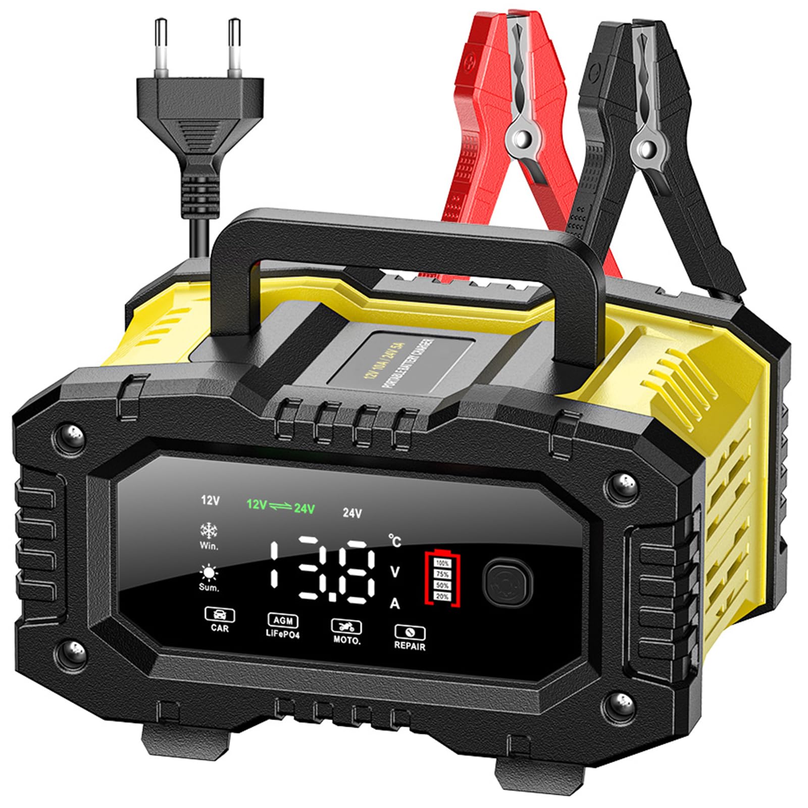 10 A ładowarka do akumulatora samochodowego 12 V/24 V, w pełni automatyczna ładowarka LiFePO4, ładowarka naprawcza, ładowanie impulsowe, odsiarczanie, prąd ładowania 1,5/5/10 A, ładowanie