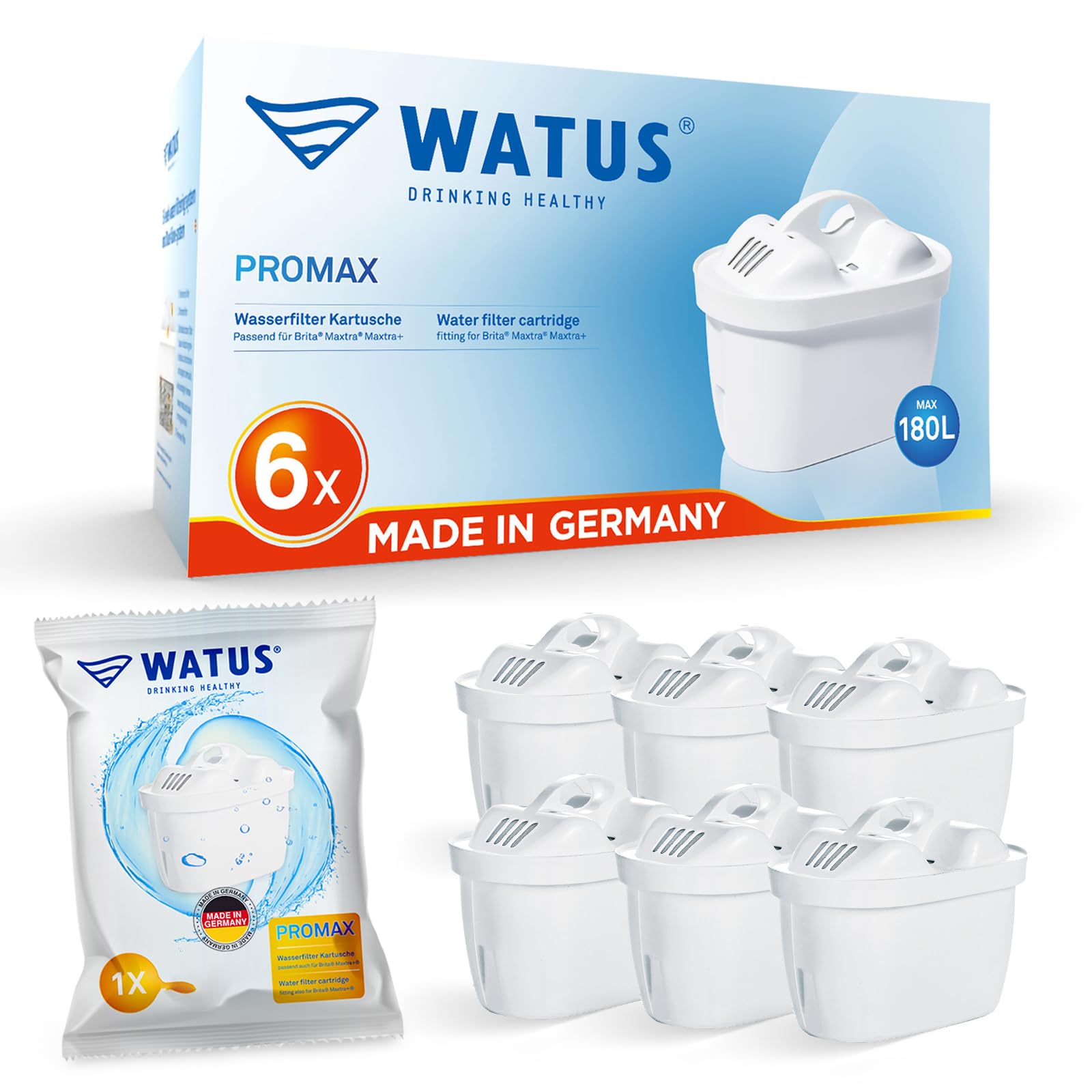 Watus Wasserfilter Kartuschen, für Brita Maxtra+ und Maxtra, Style, Marella, Elemaris, für Ersatz Brita Filterpatronen, Reduziert Blei, Chlor, Schwermetalle und Kalk im Wasser, Made in Germany (6)