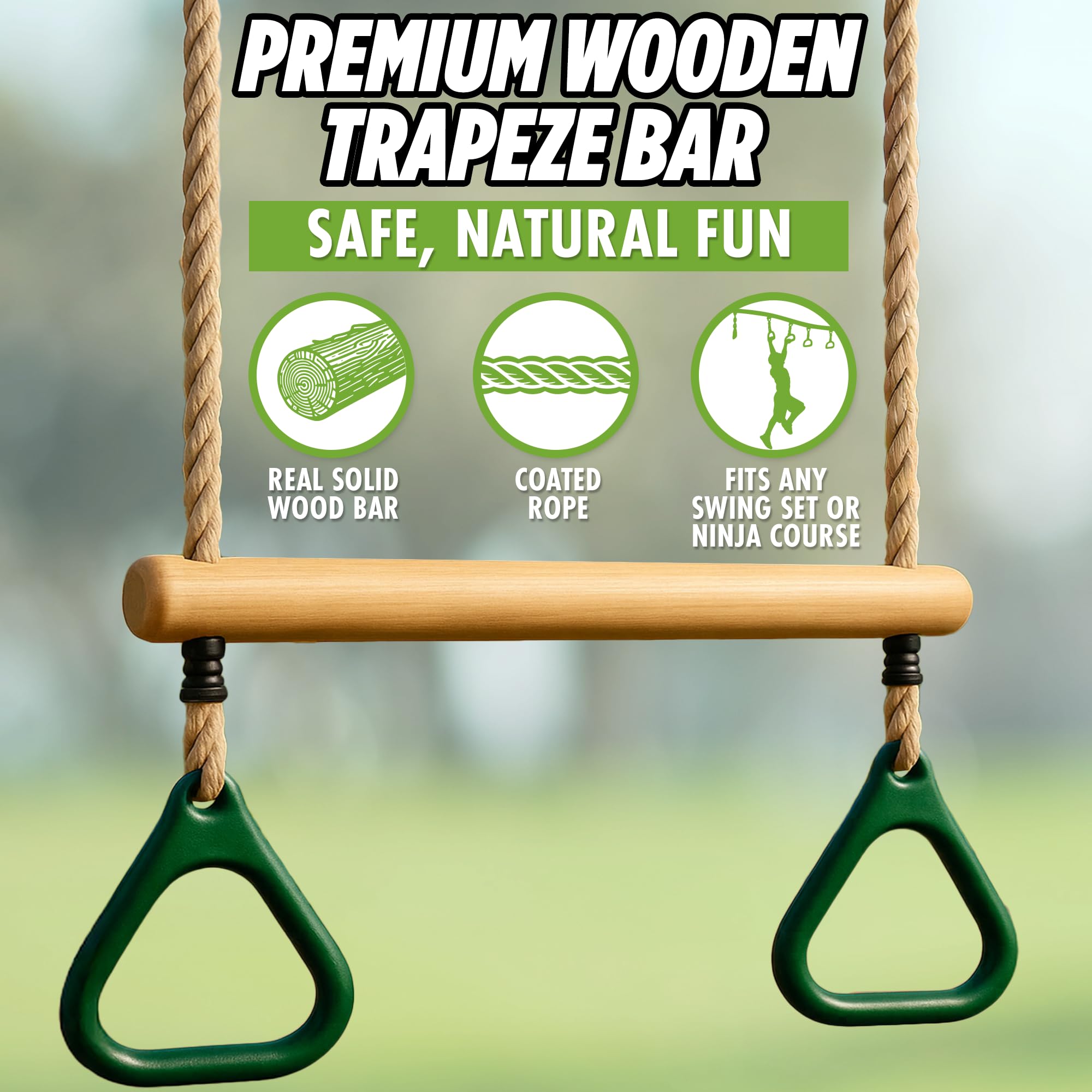 Trailblaze Wooden Trapeze Swing Bar for Kids - 18" Adjustable Height Monkey Bars Rings Swingset Accessories - Ninja Warrior Obstacle Course for Kids - Jungle Gym Accessories Playground Attachments