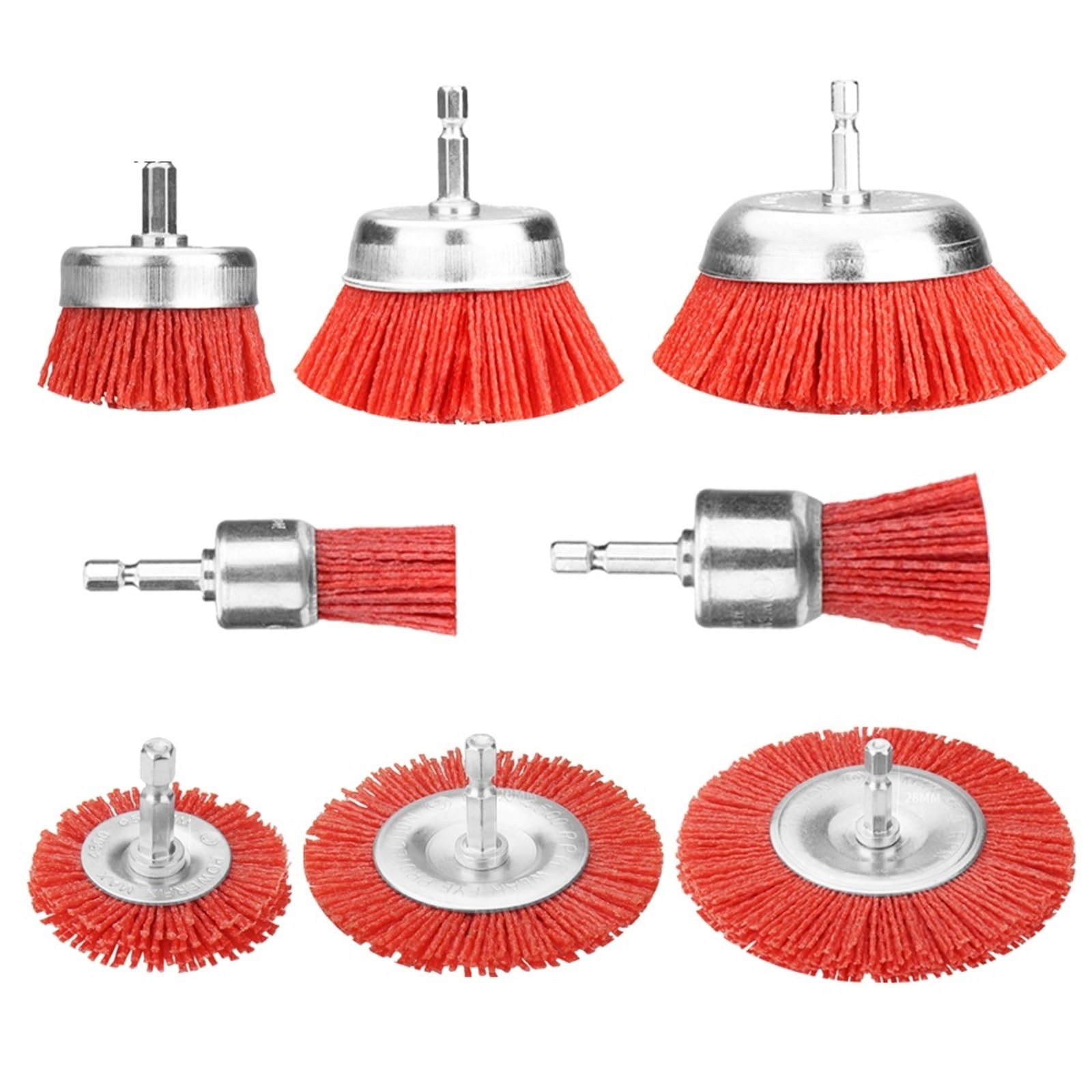 Szczotka druciana ze stali węglowej, Czerwone nylonowe kółko ścierne do szczotki garnkowej wiertarki, polerowania drewna, 20-100 mm, trzpień 1/4"(8Pc mix)