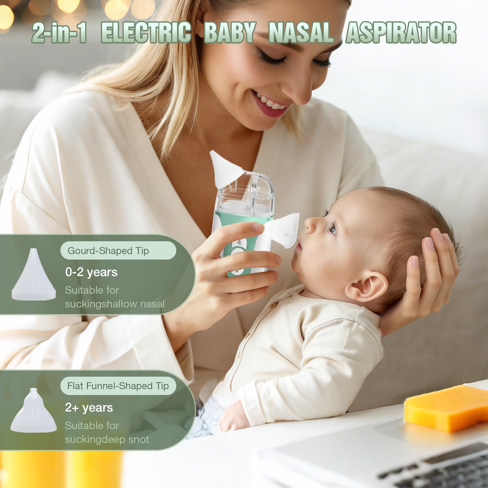 Smart Baby - Aspirador nasal eléctrico 2 en 1 para niños pequeños con aerosol, succión de 5 niveles, música relajante, 2 puntas de silicona, carga USB-C, estuche de almacenamiento, aspirador nasal
