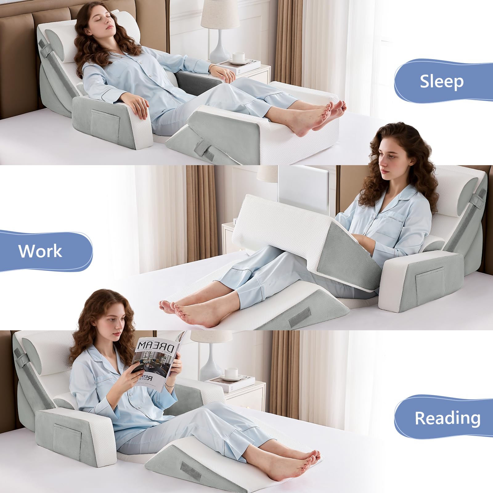 9PCS Orthopädische Bett Keil Kissen Set,Post Chirurgie Schaum Kissen für Körper, Rücken und Beine Schmerzlinderung,Justierbare Stützkissen mit Säure Reflux Bed Wedge Memory Foam Hellgrau